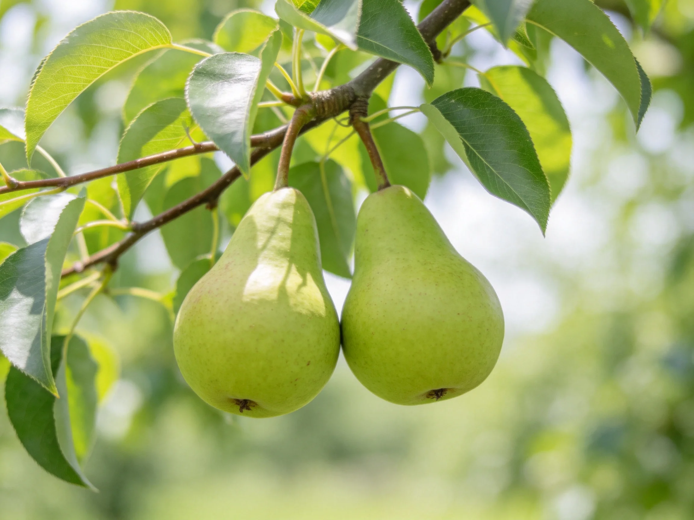 Two ripe green pears hang from a tree branch with lush leaves