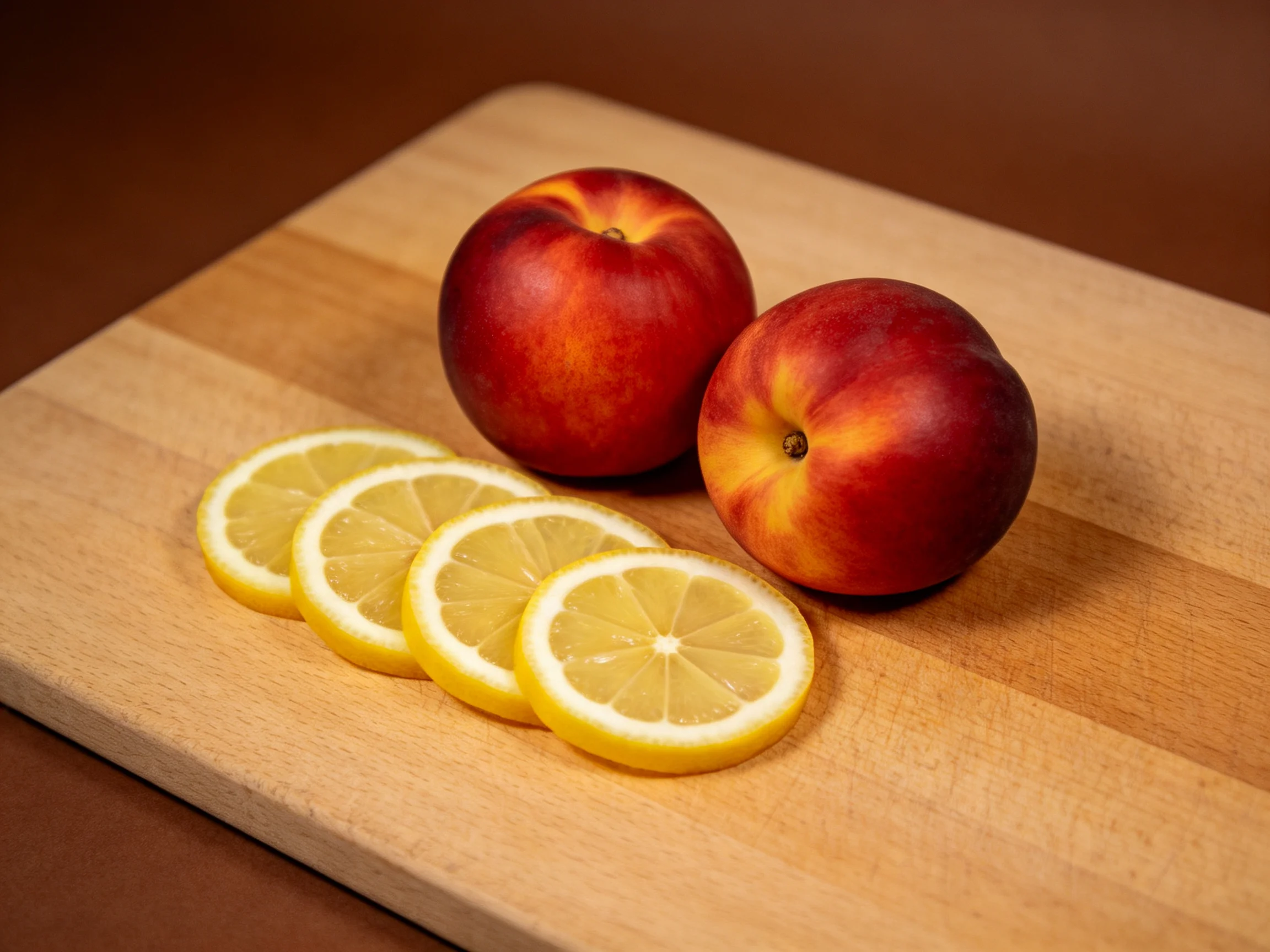 Two ripe nectarines and four sliced lemons on a wooden cutting board