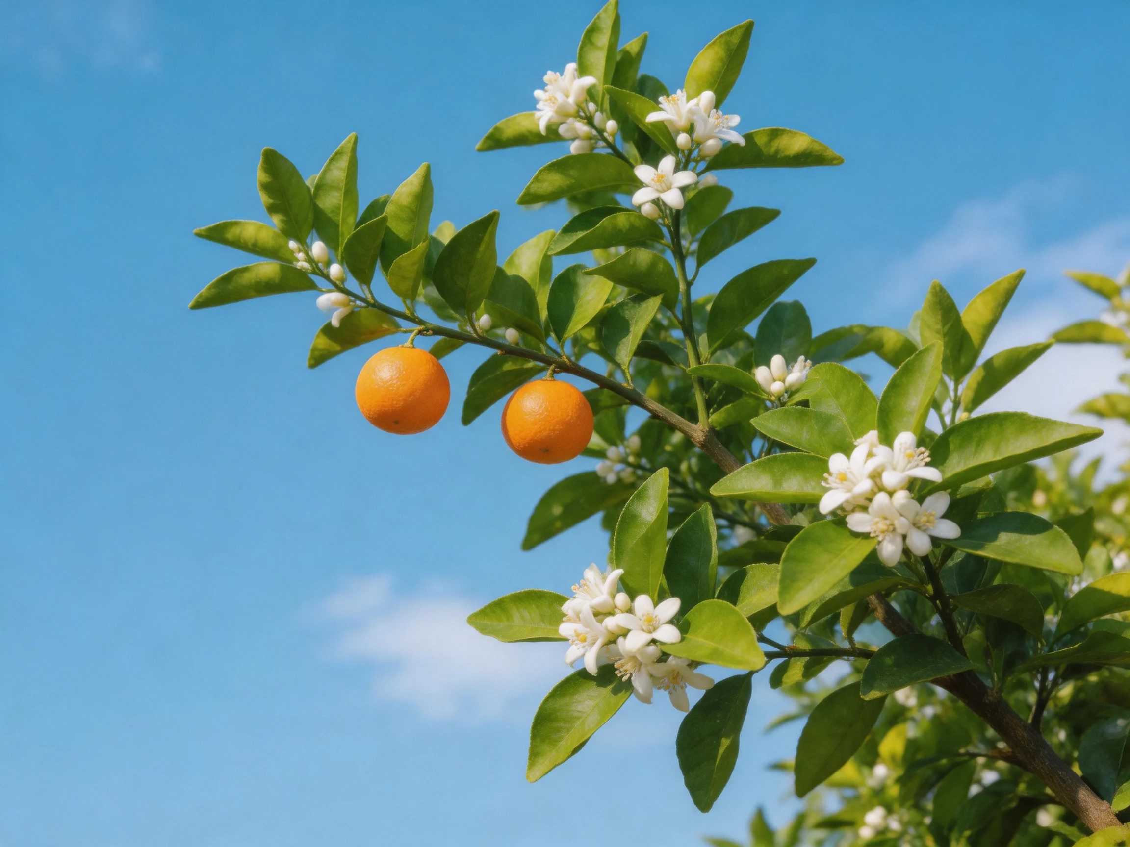 Two ripe oranges grow on a citrus tree with white blossoms under a clear blue sky
