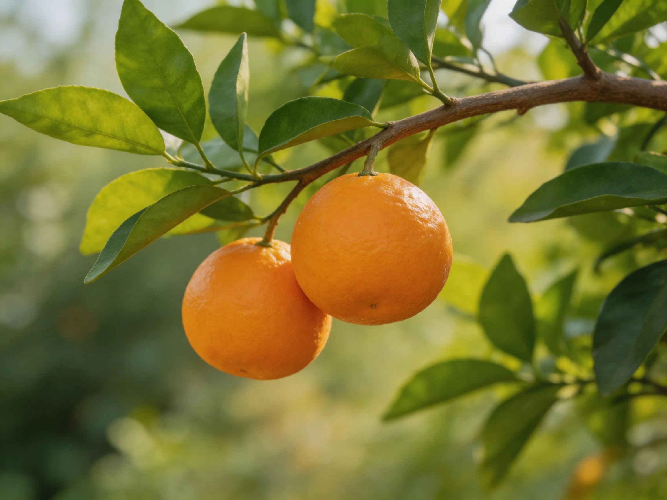 Two ripe oranges hang from a branch with lush green foliage
