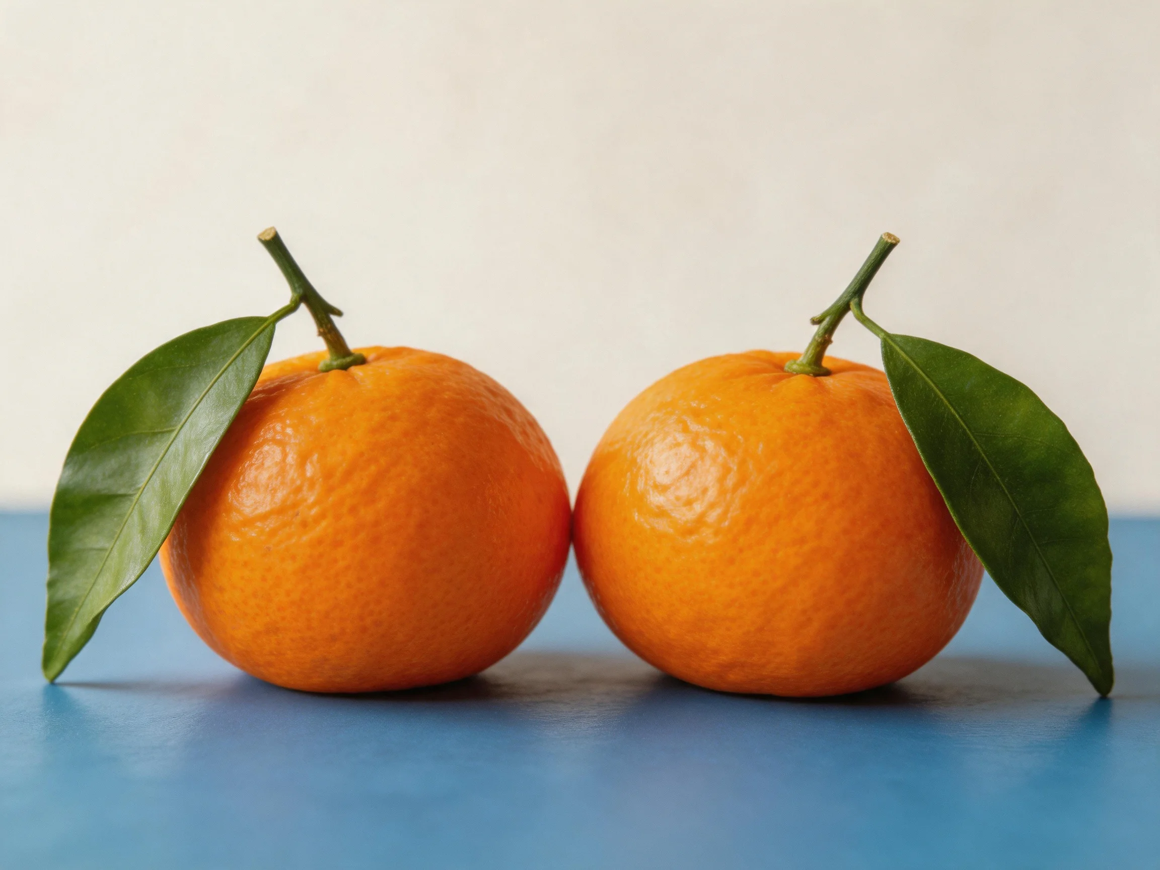 Two ripe oranges with green leaves rest on a smooth blue surface
