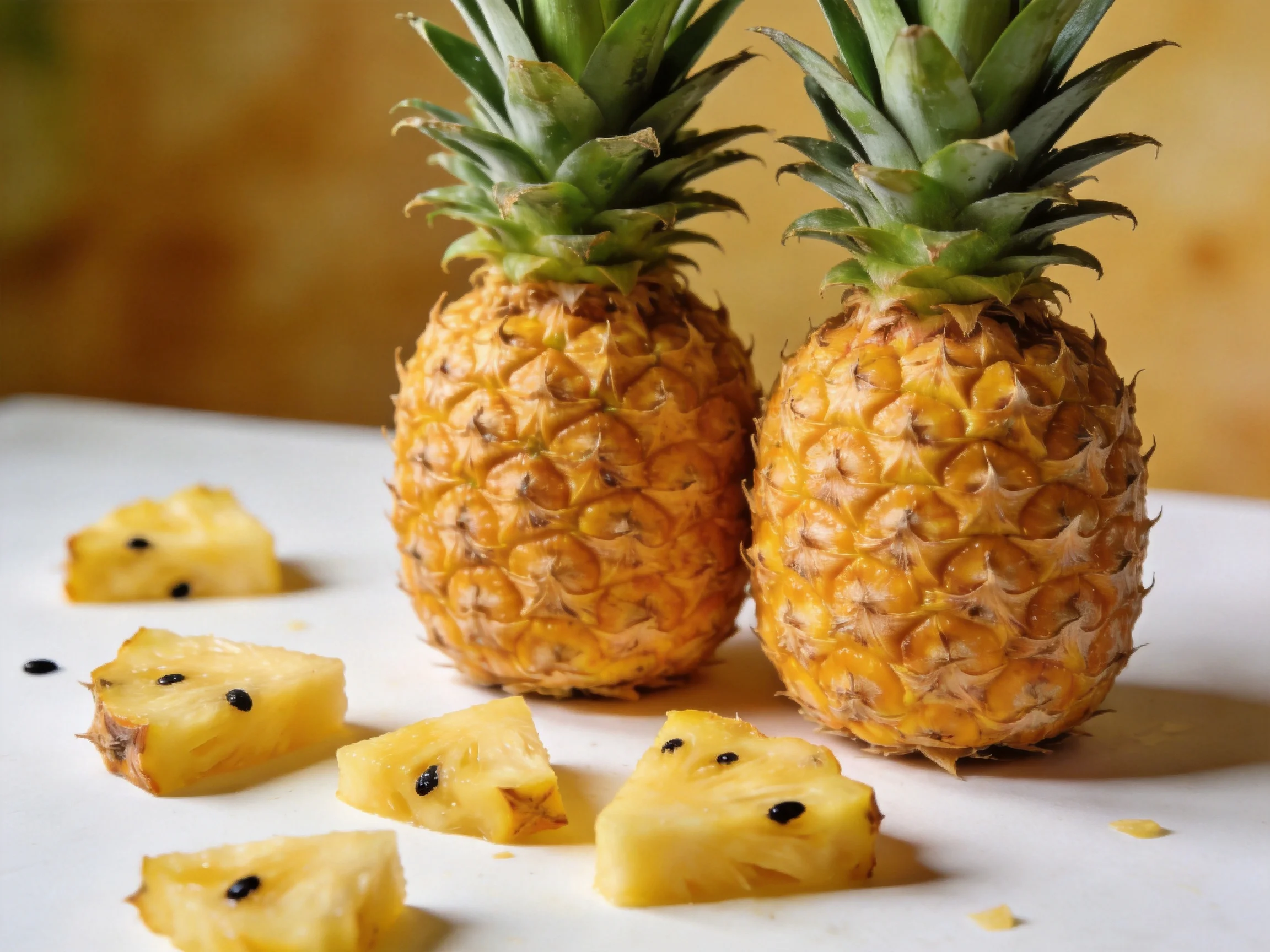 Two ripe pineapples with sliced pieces on a white surface