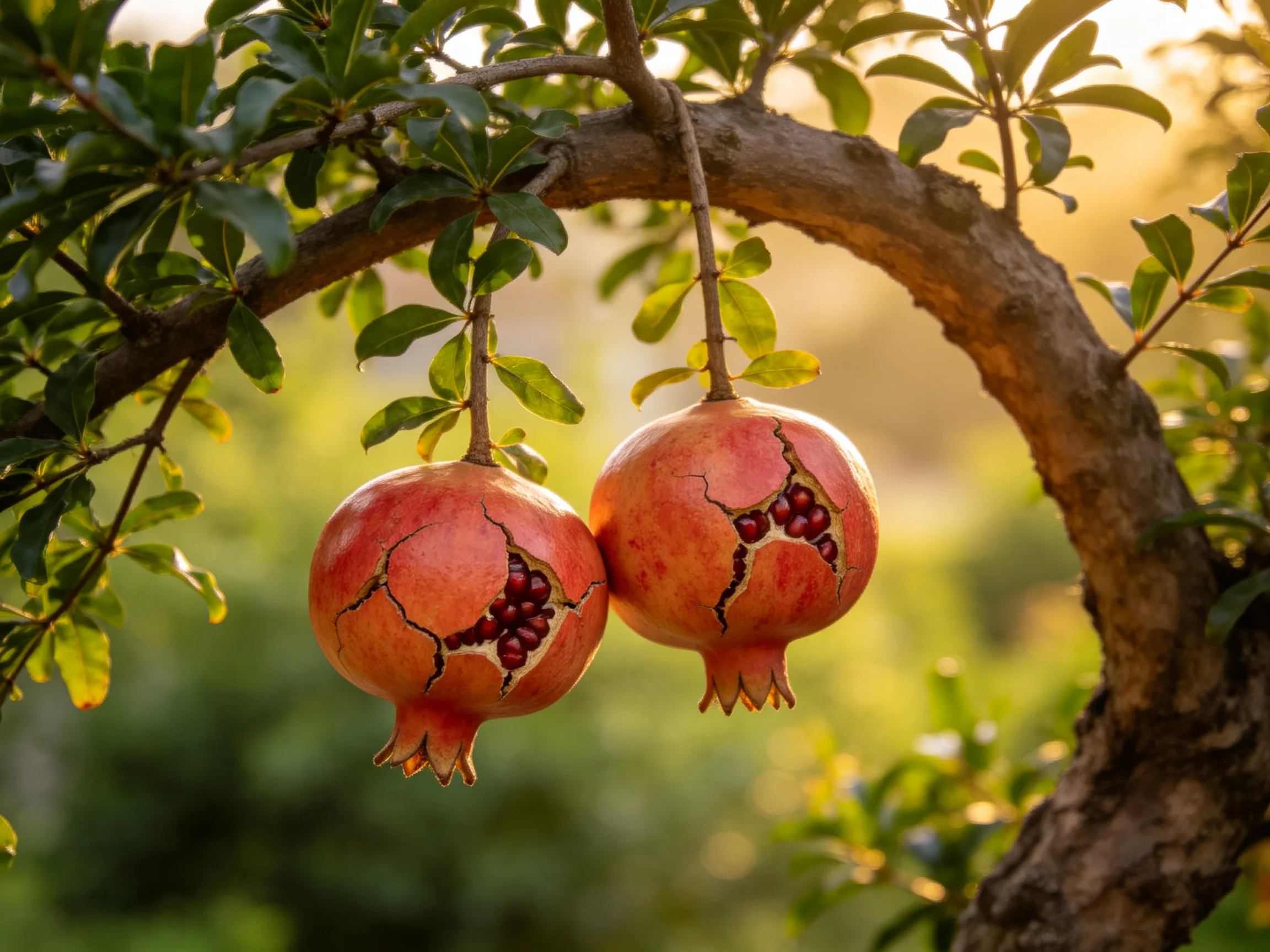 Two ripe pomegranates hang from a gnarled tree branch