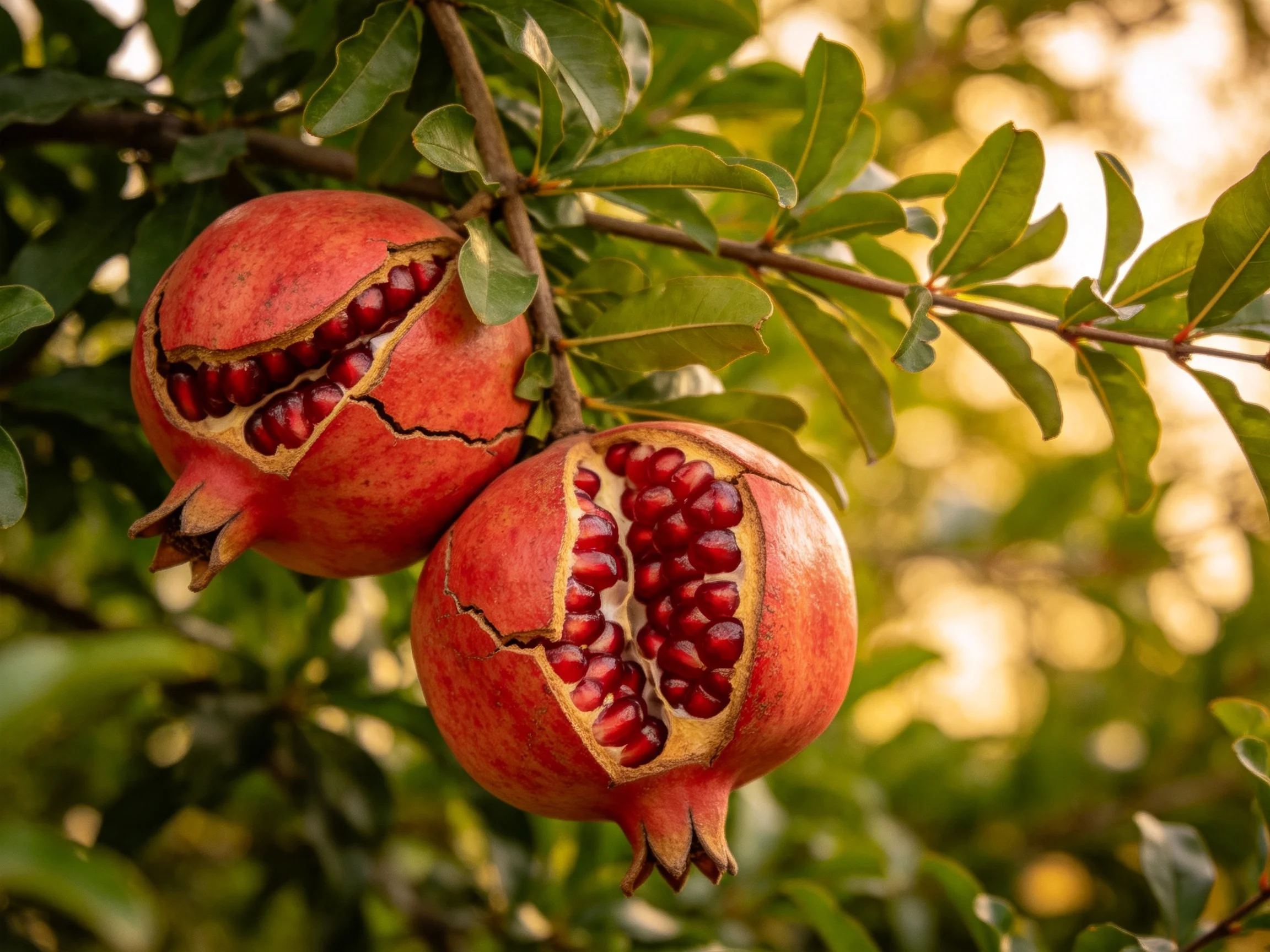 Two ripe pomegranates with exposed seed sections hang from a leafy branch.
