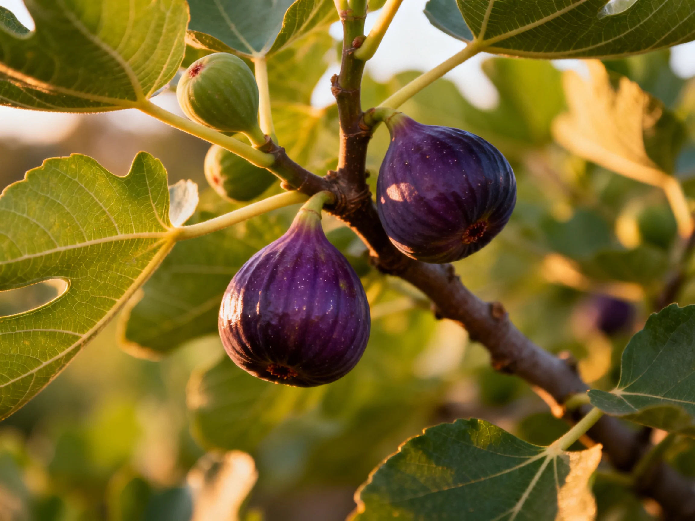 Two ripe purple figs and unripe figs on a leafy branch