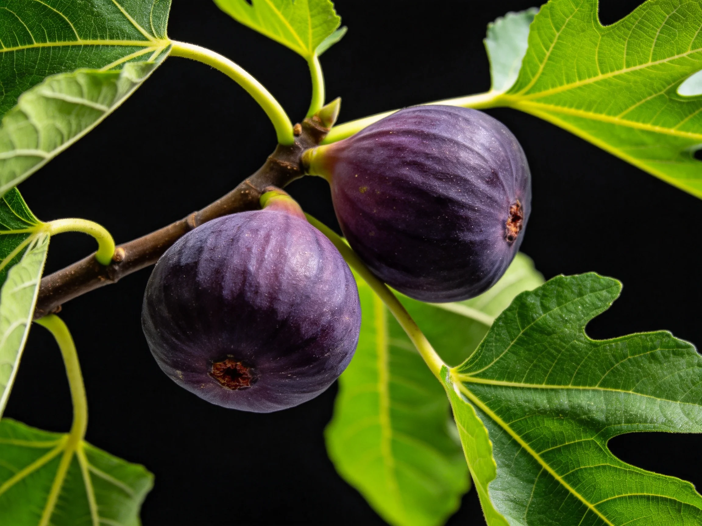 Two ripe purple figs hang from a branch with vibrant green leaves
