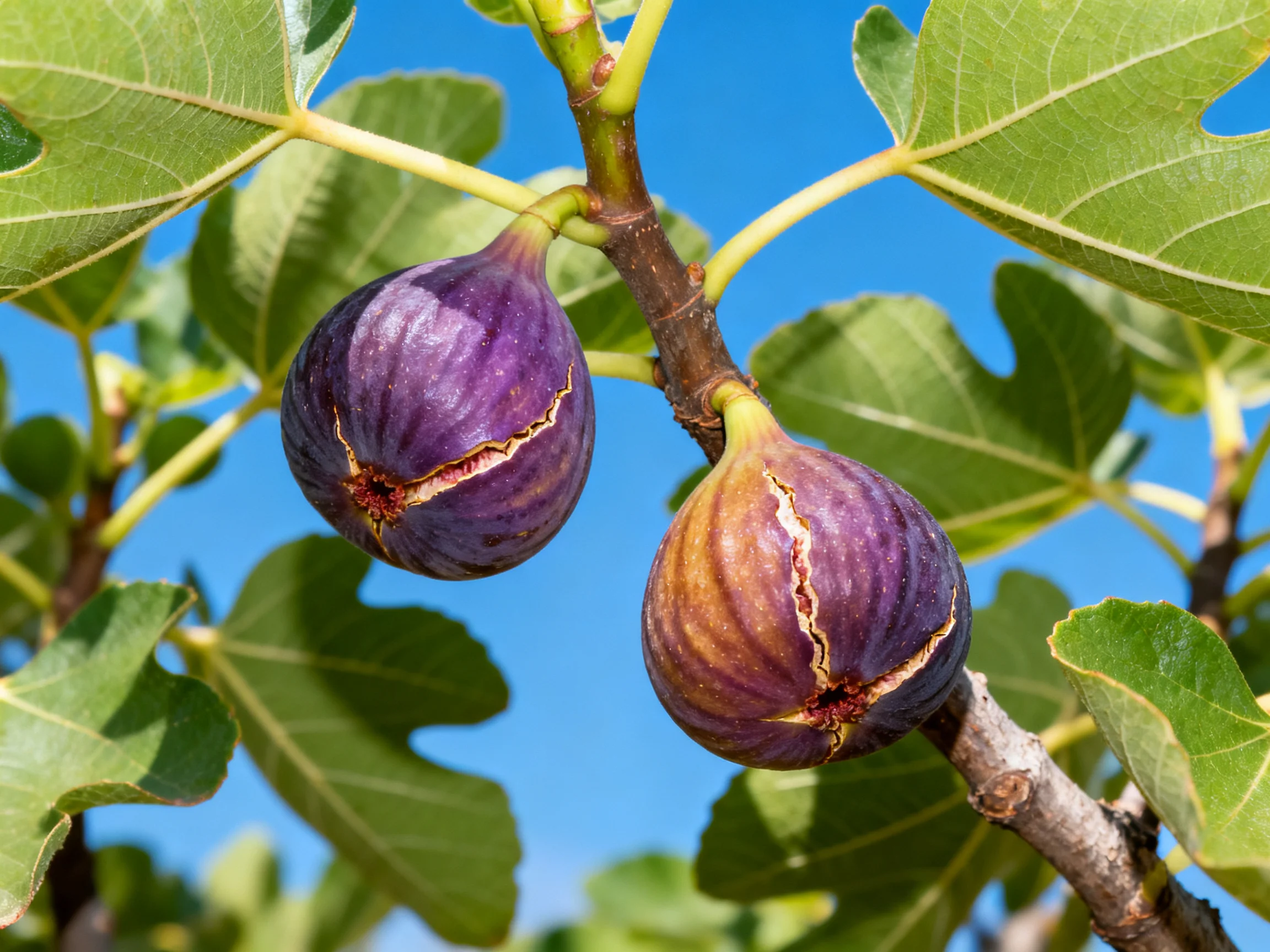 Two ripe purple figs hang from a fig tree branch