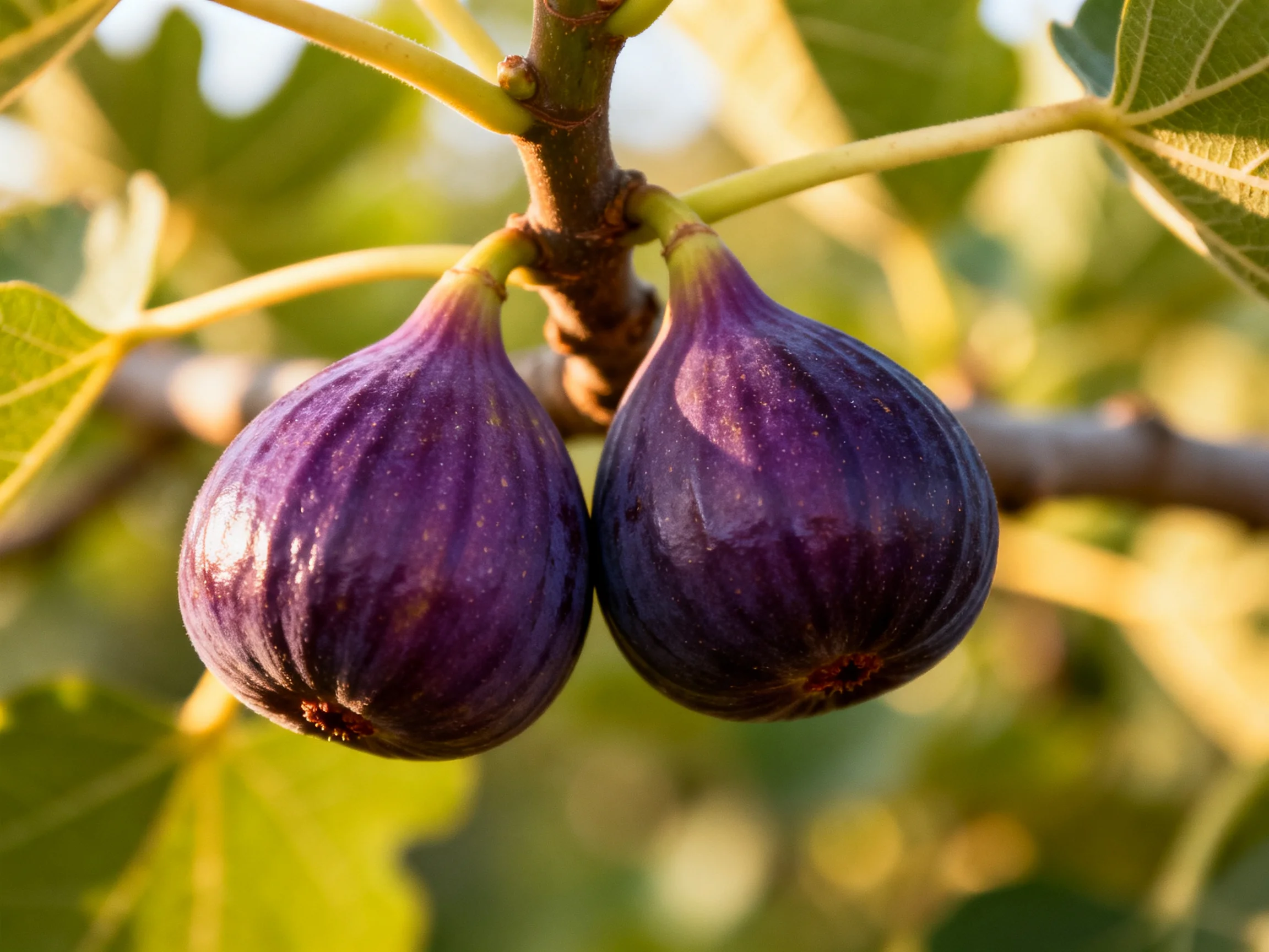 Two ripe purple figs hang from a fig tree branch