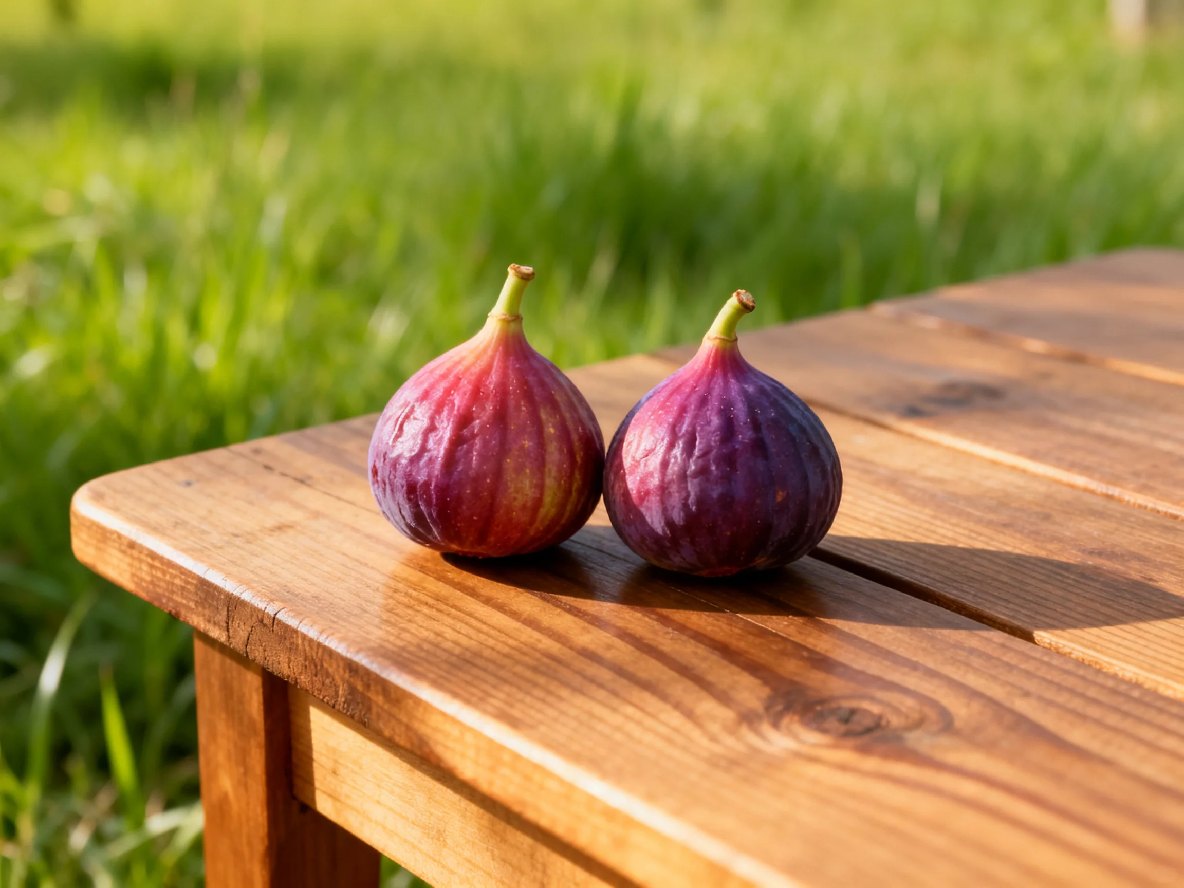 Two ripe purple figs rest on a polished wooden table near lush green grass