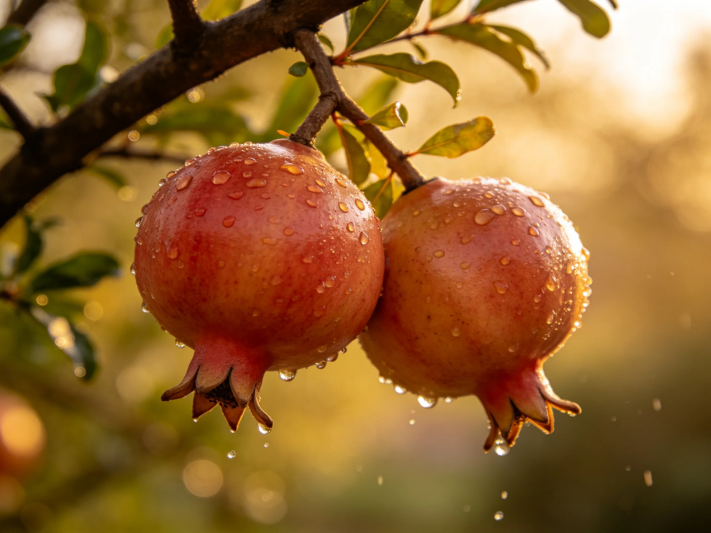 Two ripe red pomegranates with water droplets hang from a tree branch