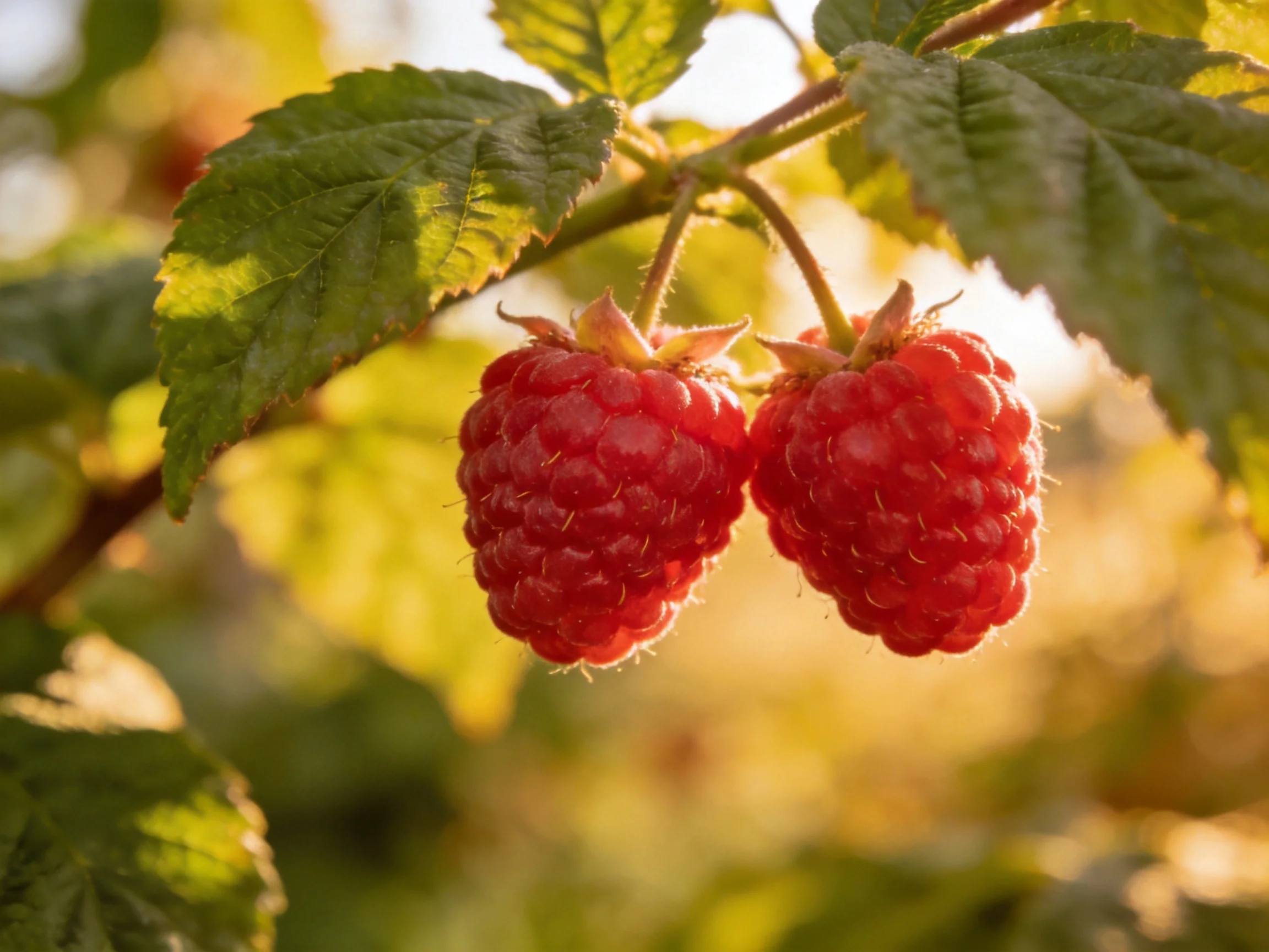 Two ripe red raspberries hang from a leafy branch in golden sunlight