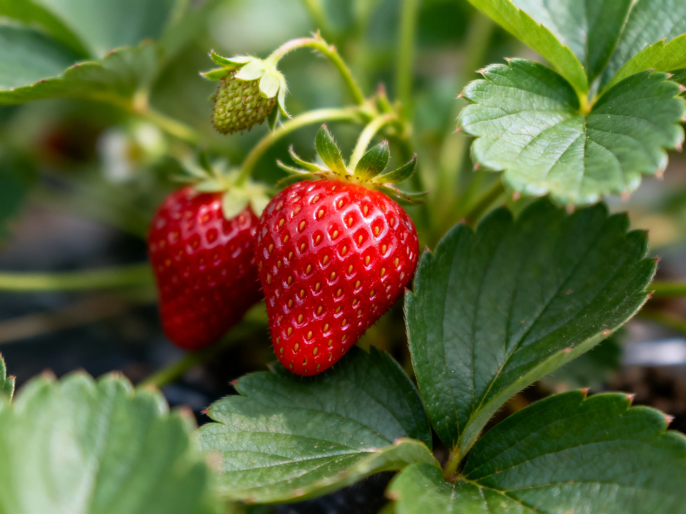 Two ripe red strawberries among lush green leaves