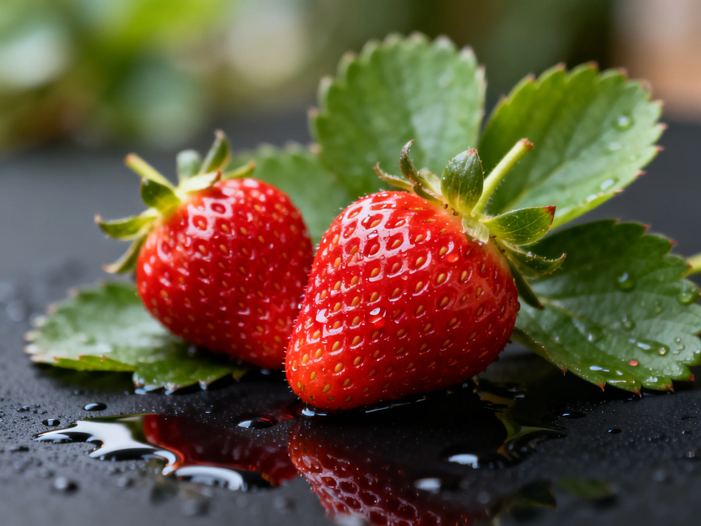 Two ripe red strawberries rest among green leaves with water droplets