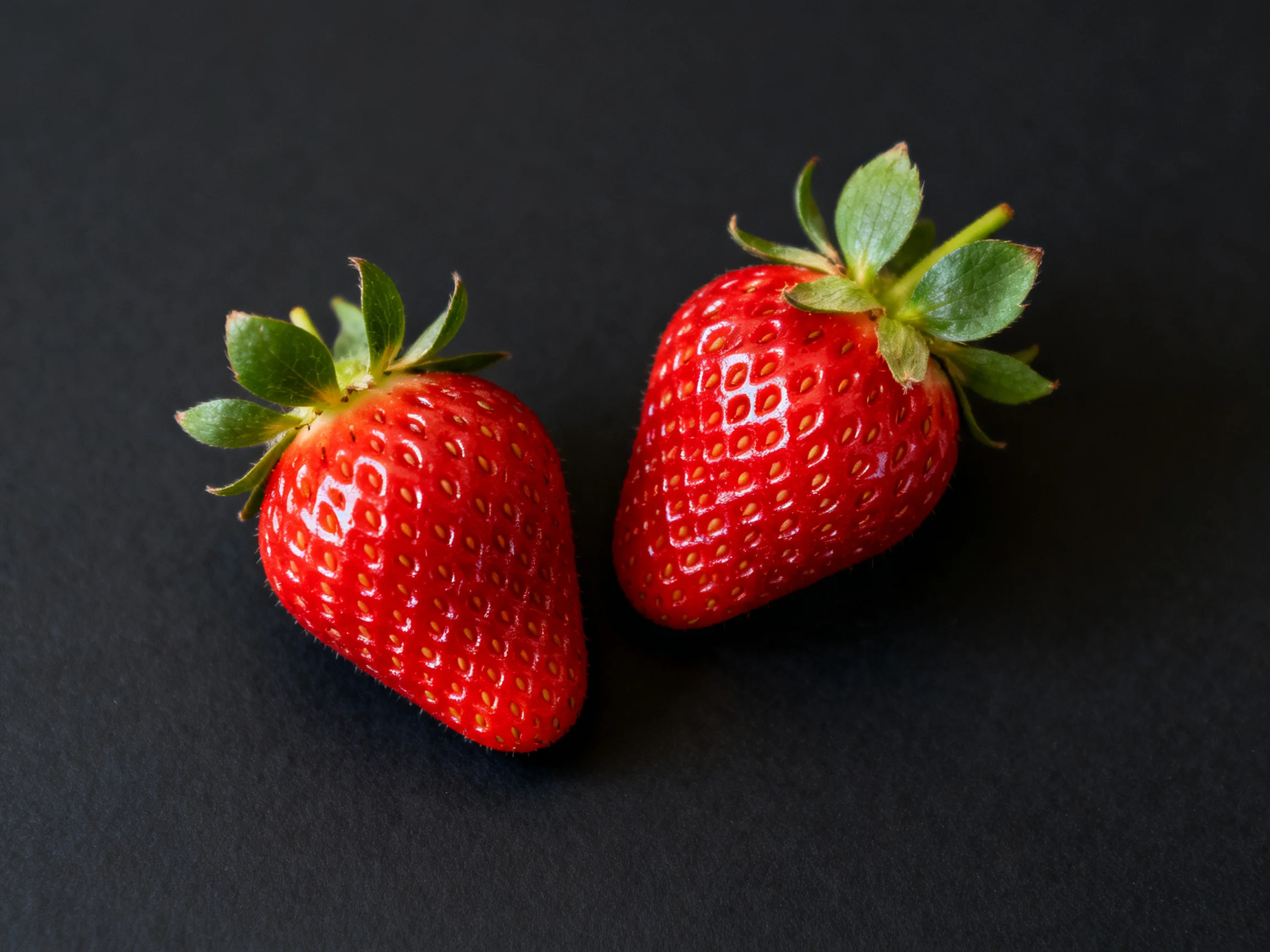 Two ripe red strawberries with green stems on a black surface