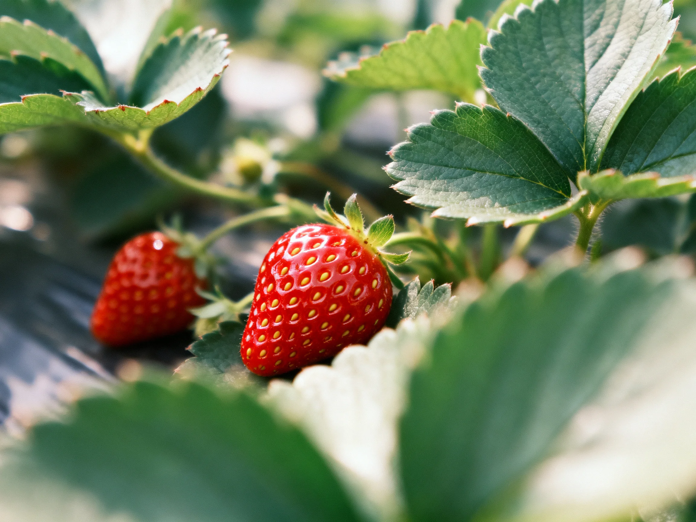Two ripe strawberries amid lush green foliage