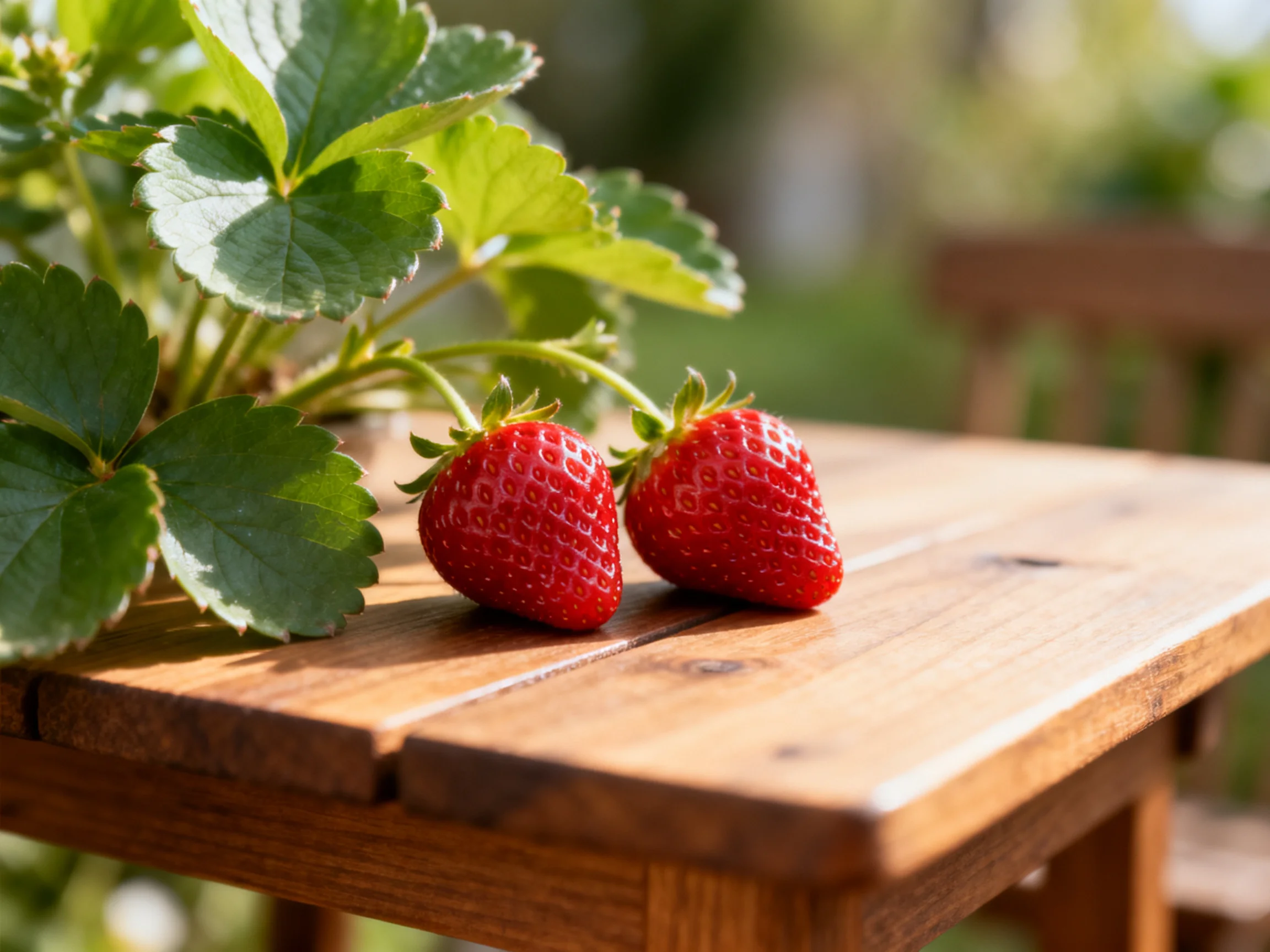 Two ripe strawberries rest on a polished wooden table near leafy plants