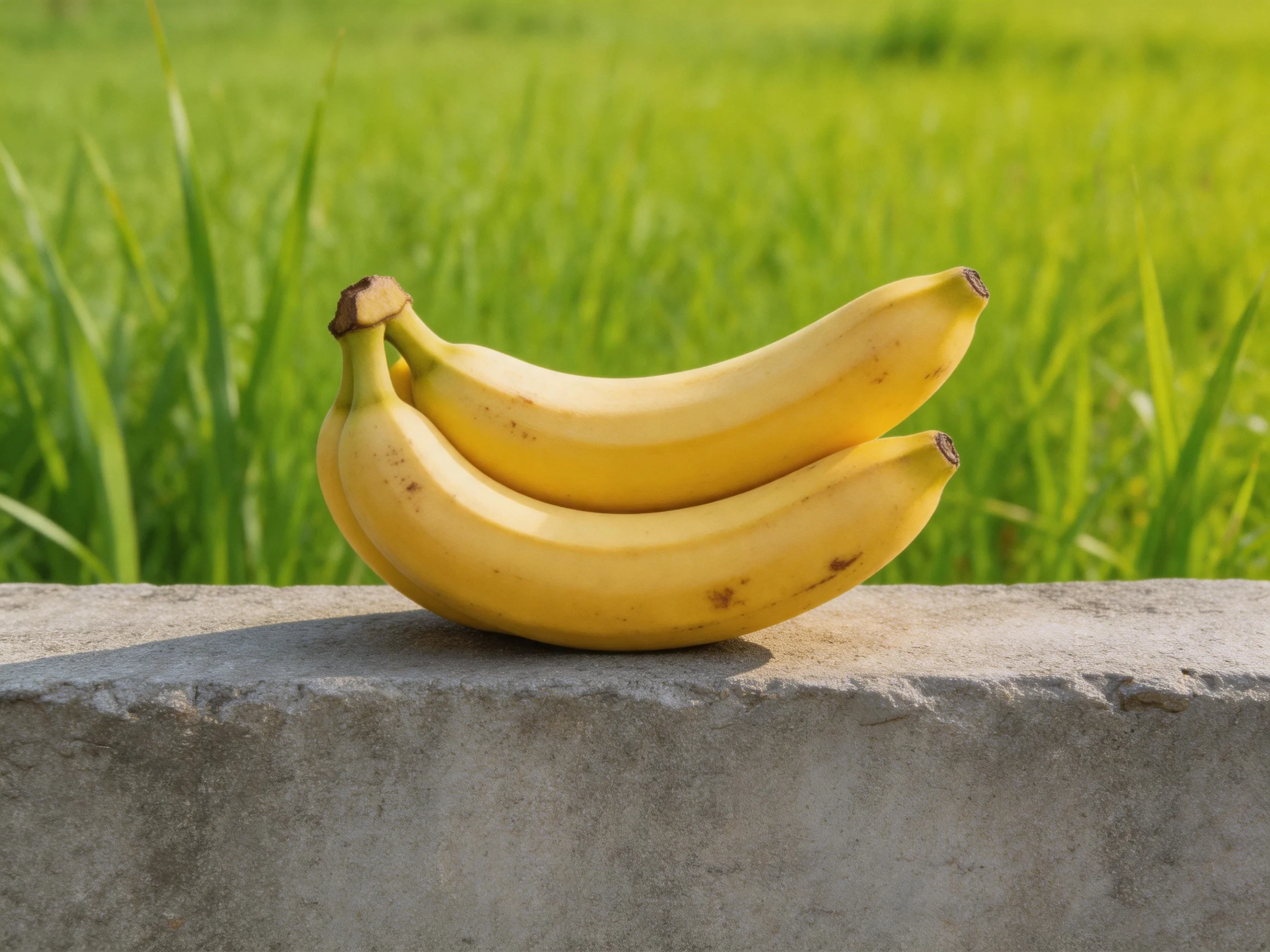 Two ripe yellow bananas rest on a gray concrete ledge near lush green grass