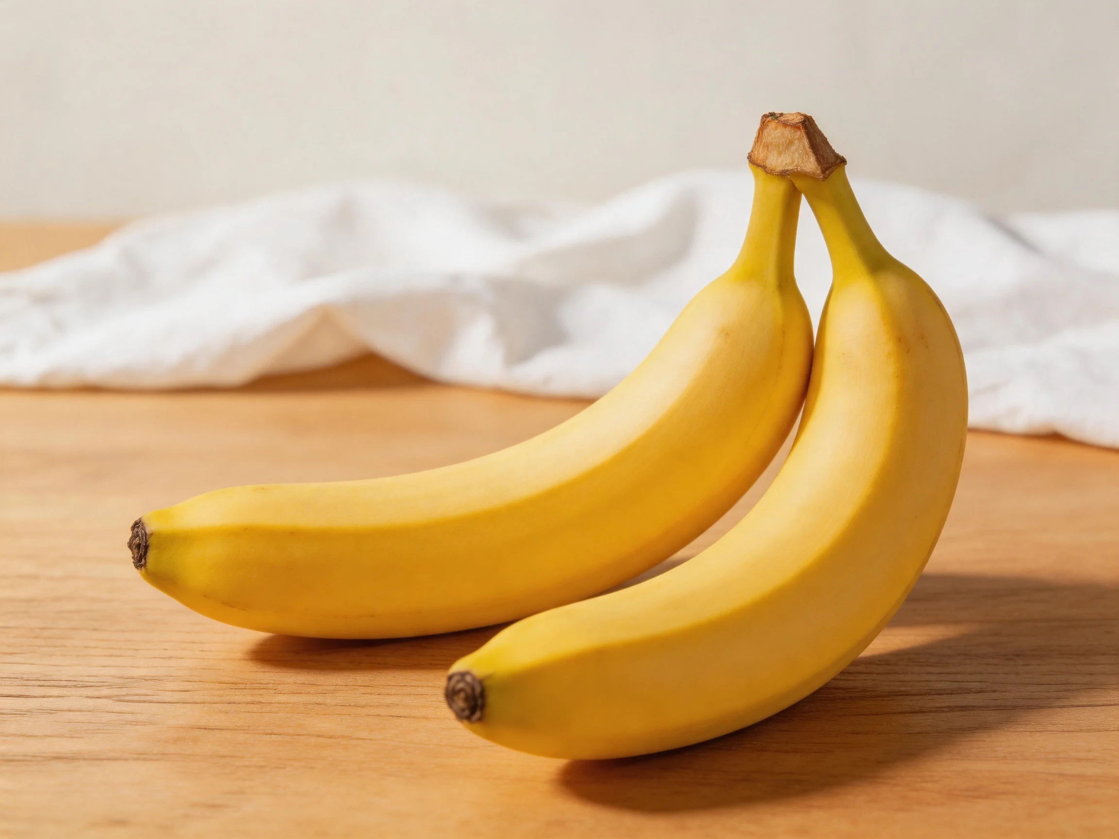 Two ripe yellow bananas rest on a wooden surface near a white cloth