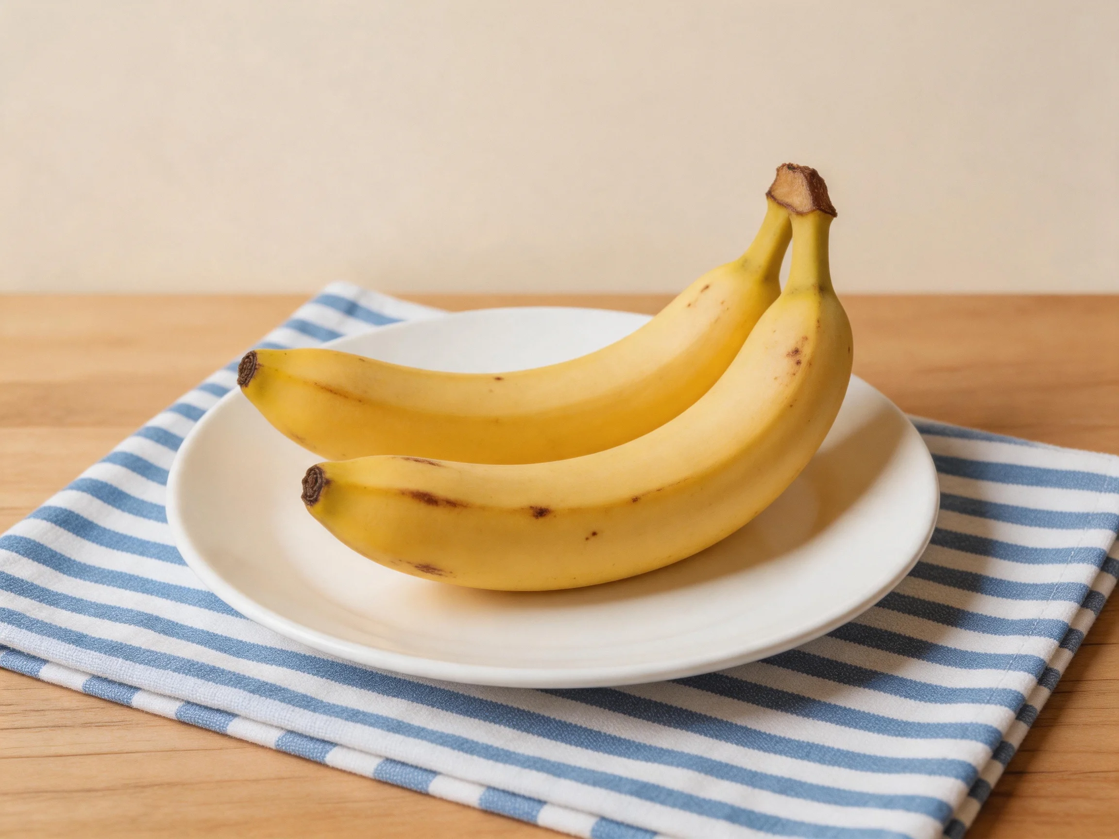 Two ripe yellow bananas sit on a white plate over a blue-striped cloth