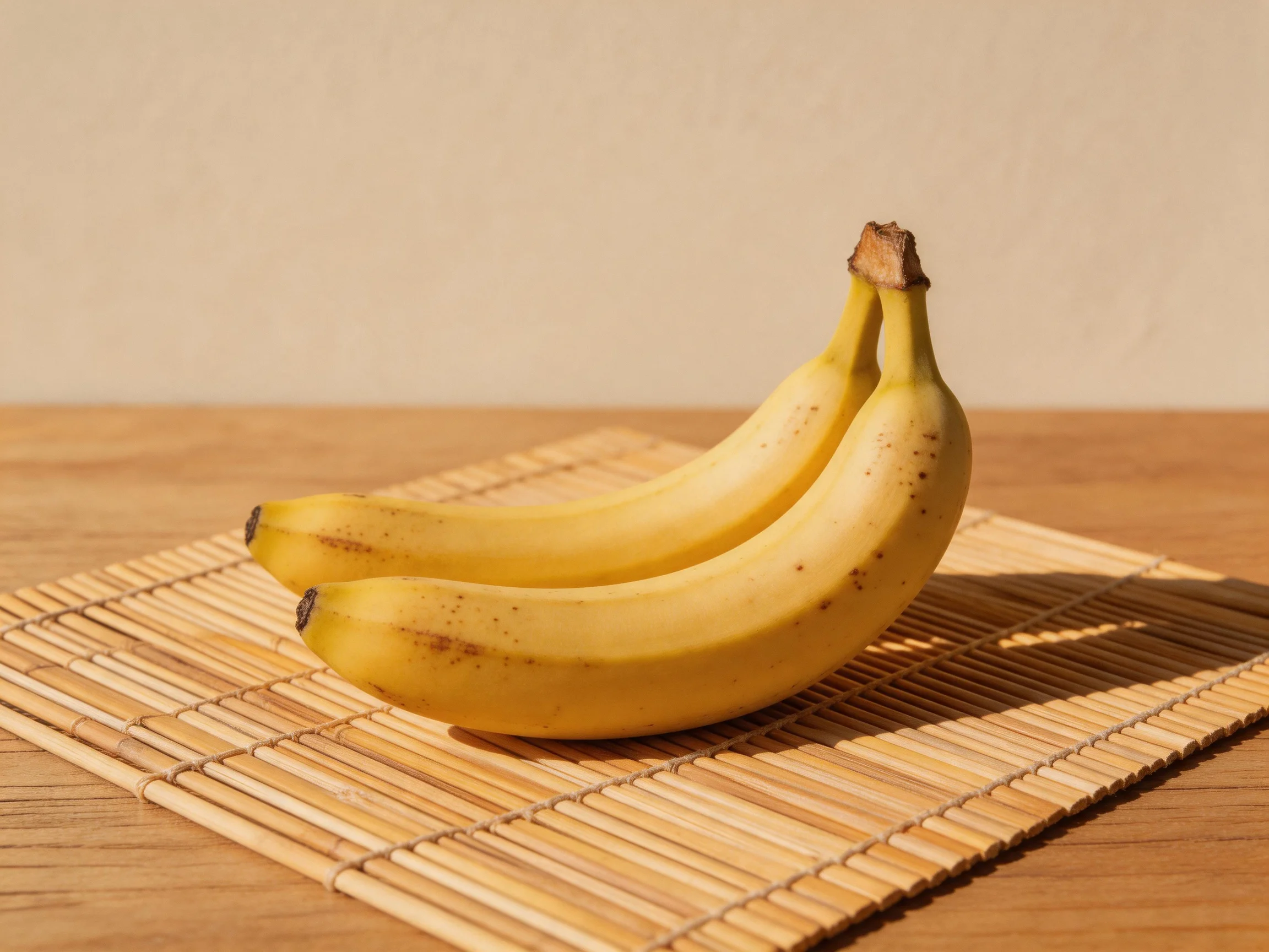 Two ripe yellow bananas with brown speckles rest on a bamboo placemat on a wooden surface.