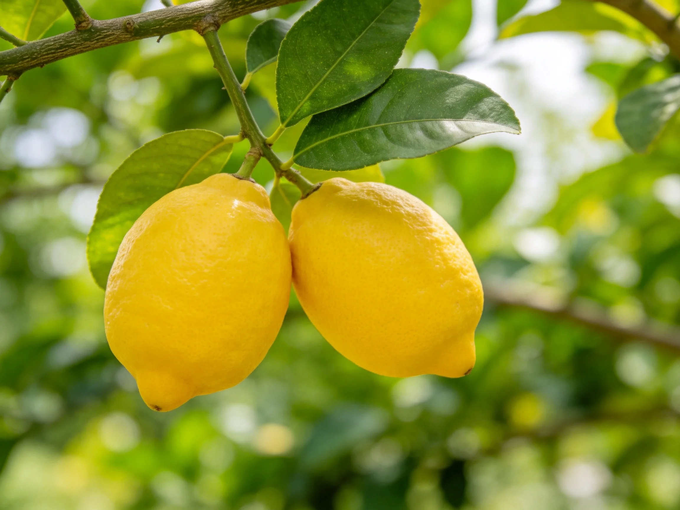 Two ripe yellow lemons hang from a tree branch with green foliage