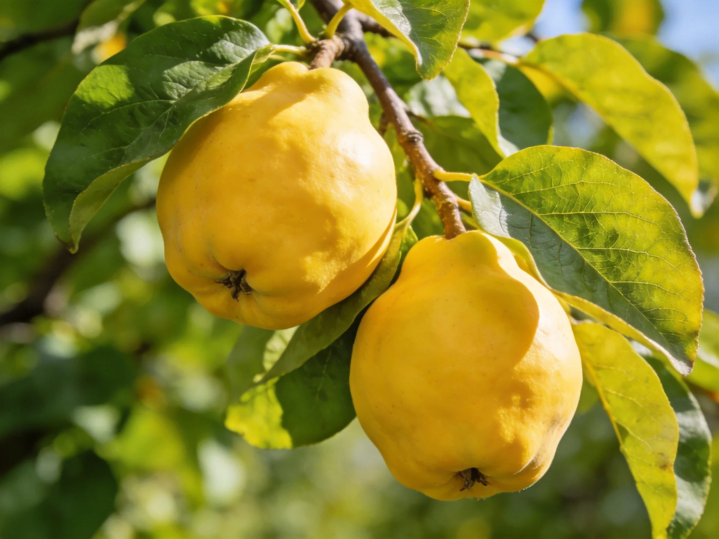 Two ripe yellow quince fruits hang from a branch among lush green leaves