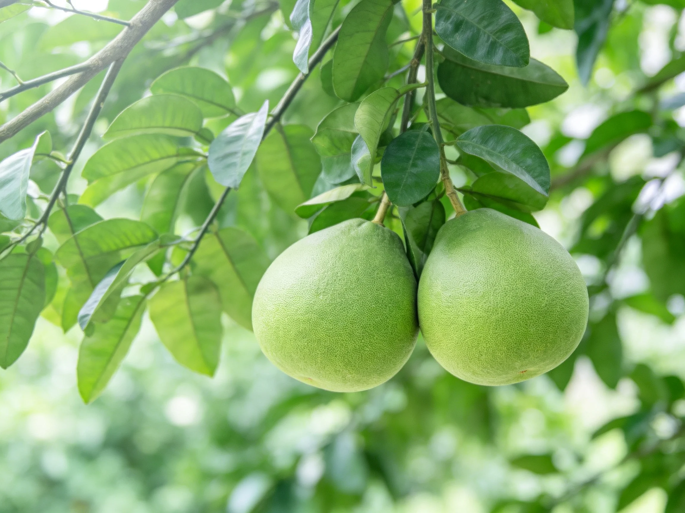 Two round green fruits hang from leafy branches