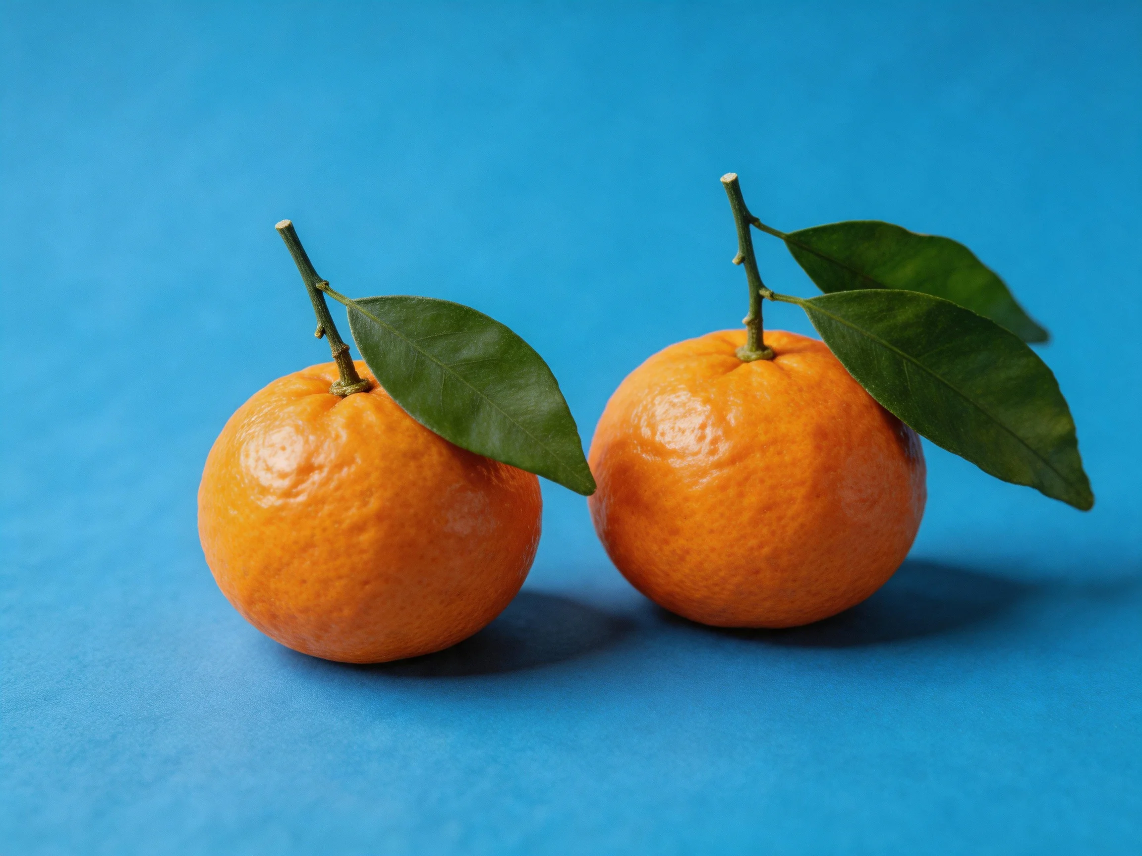 Two round oranges with green leaves on a blue surface