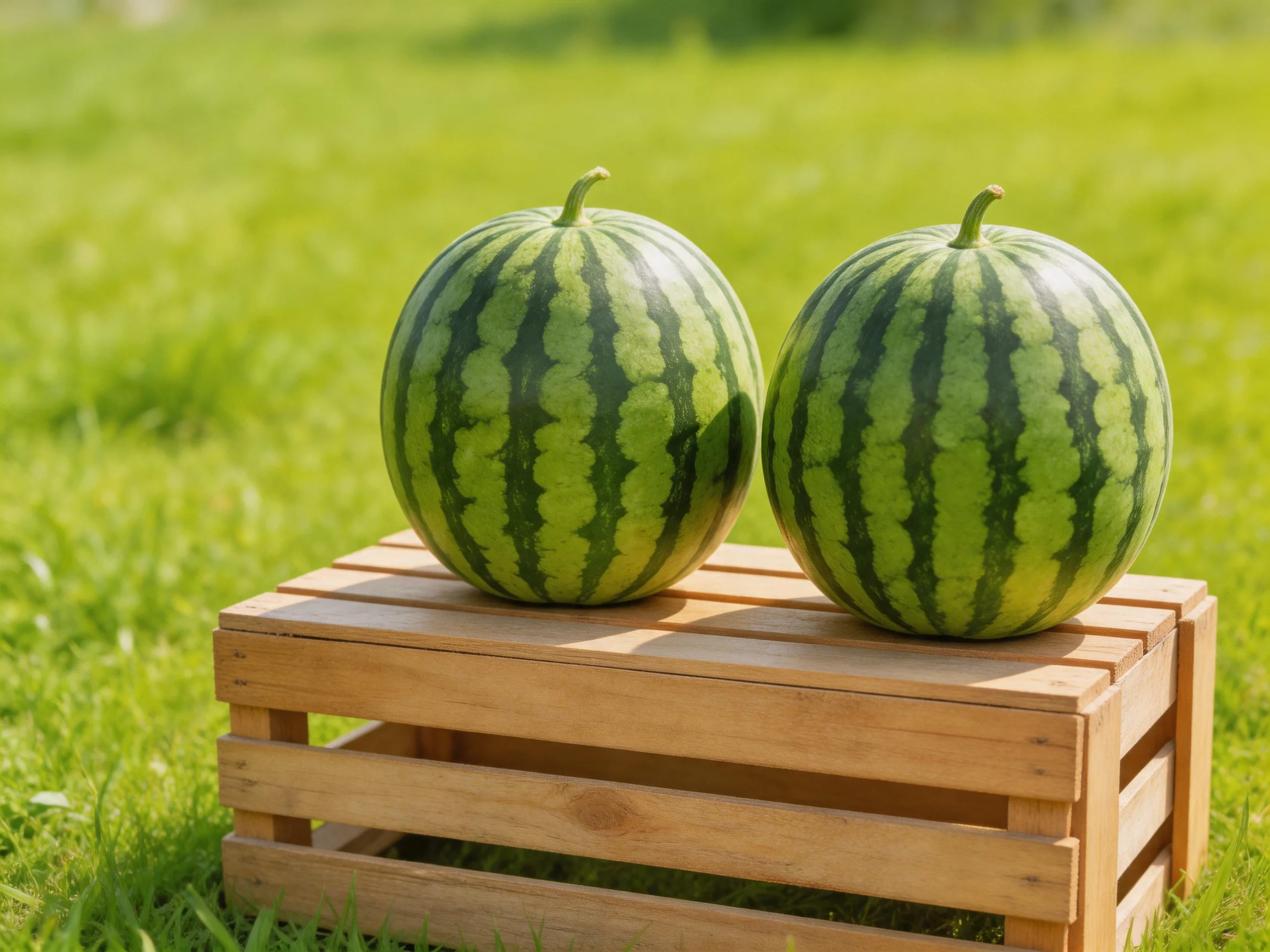Two round watermelons sit on a wooden crate in a grassy field