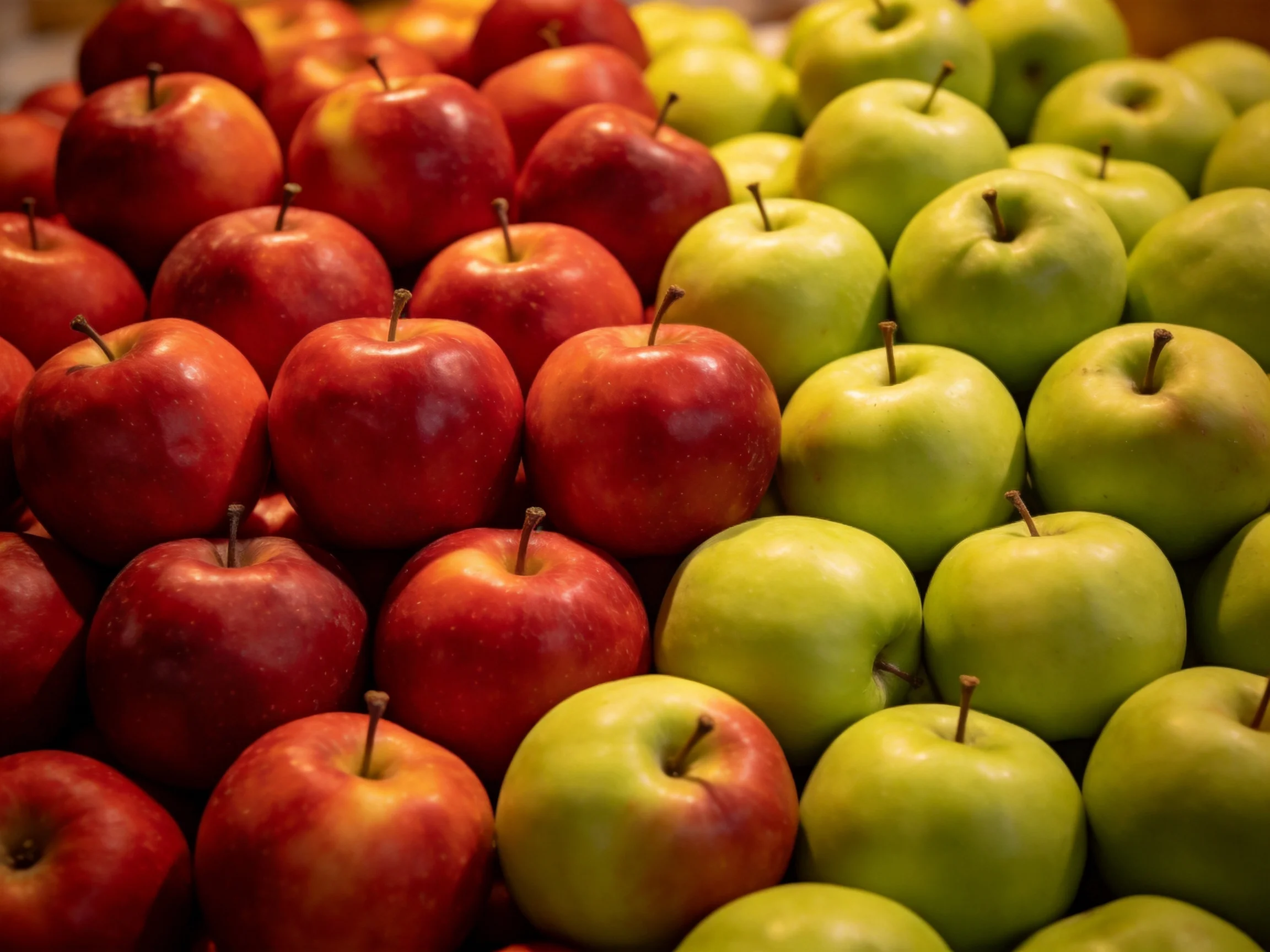 Two rows of red and green apples displayed side by side