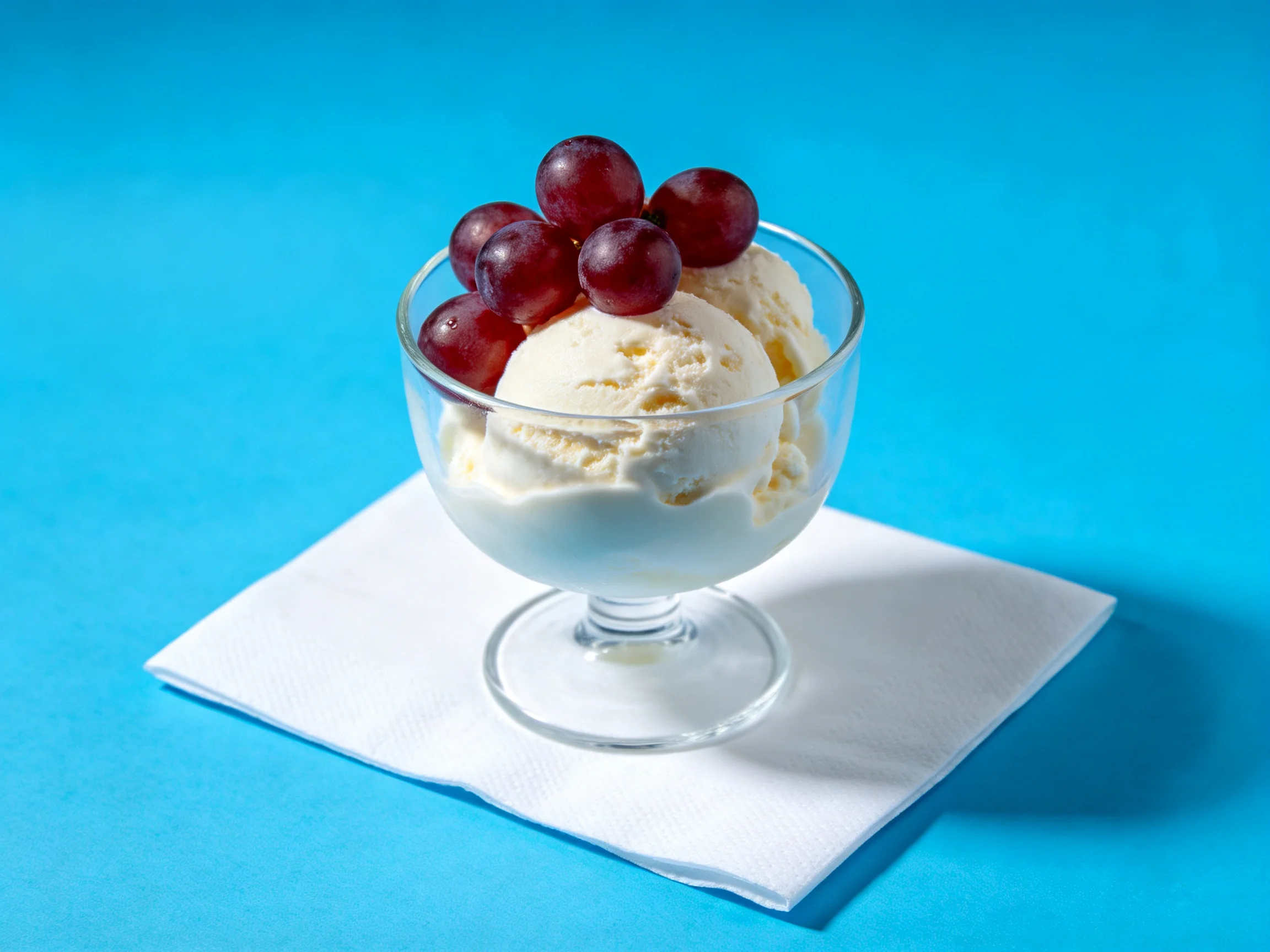 Two scoops of vanilla ice cream with red grapes in a glass dish on a white napkin