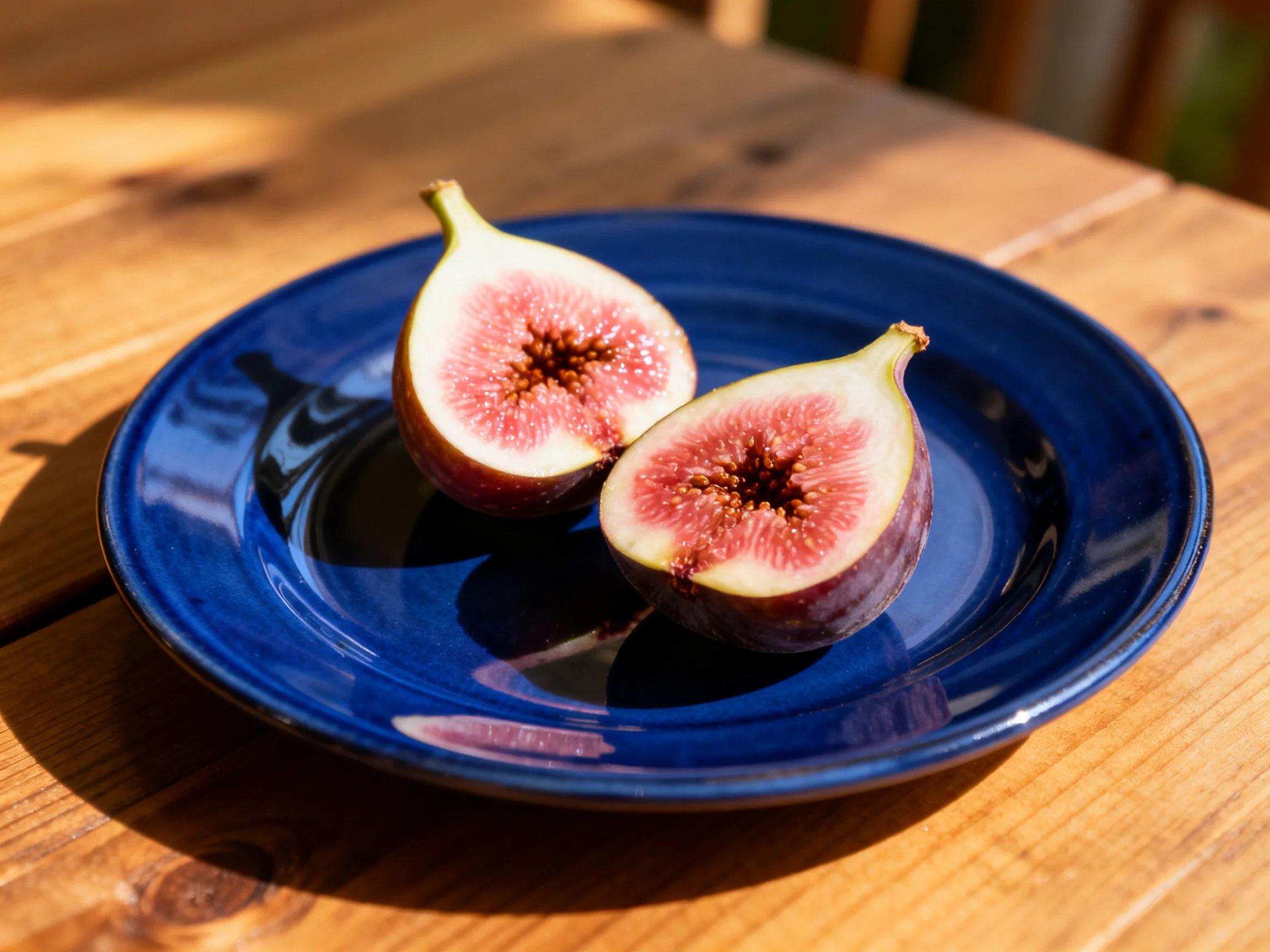 Two sliced fig halves on a glossy dark blue plate