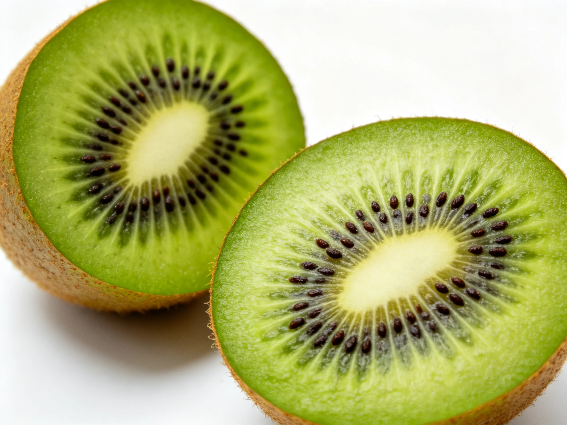 Two sliced green kiwi fruits with brown outer skins