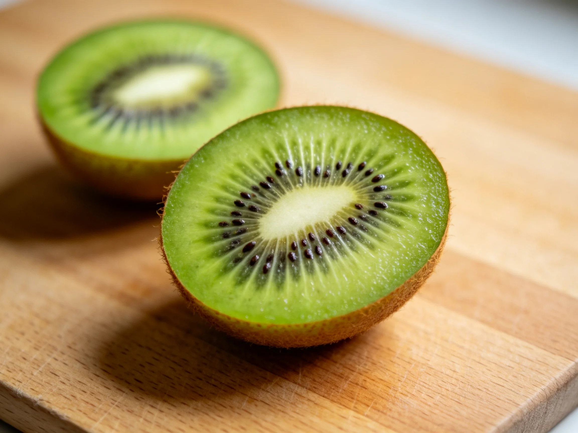 Two sliced green kiwi halves rest on a light brown wooden cutting board