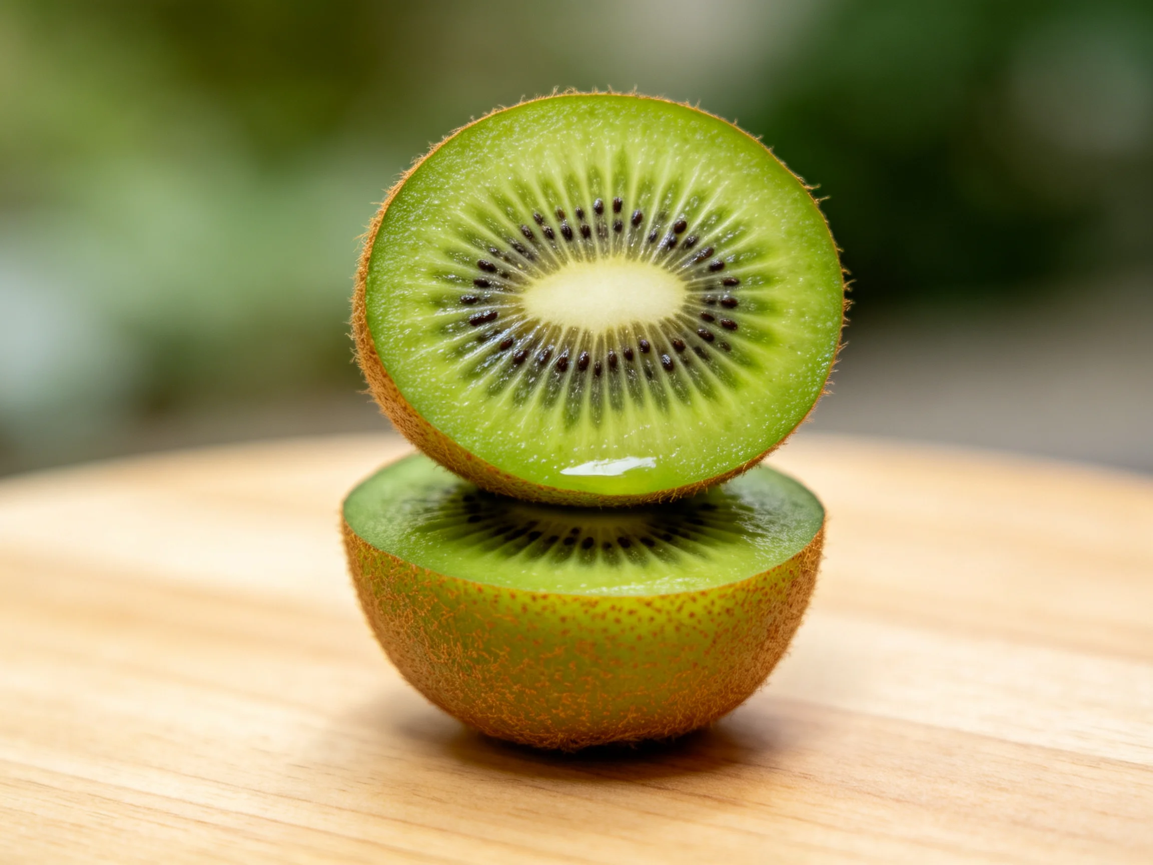 Two sliced green kiwis stacked on a wooden surface