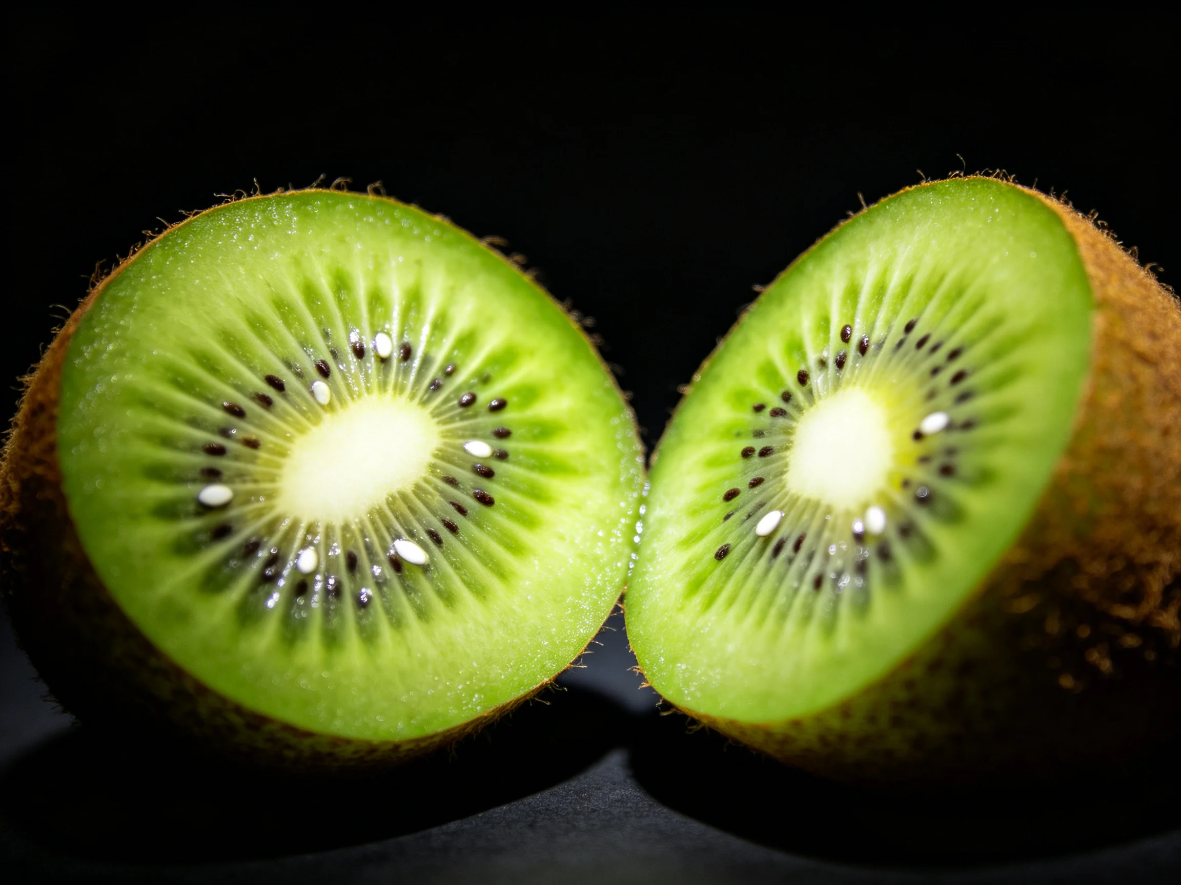 Two sliced kiwis exhibit vibrant green interiors and brown exteriors