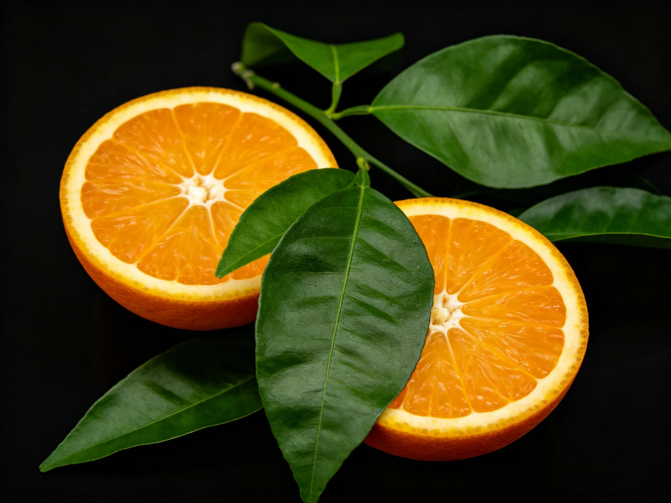 Two sliced oranges with glossy green leaves on a black background