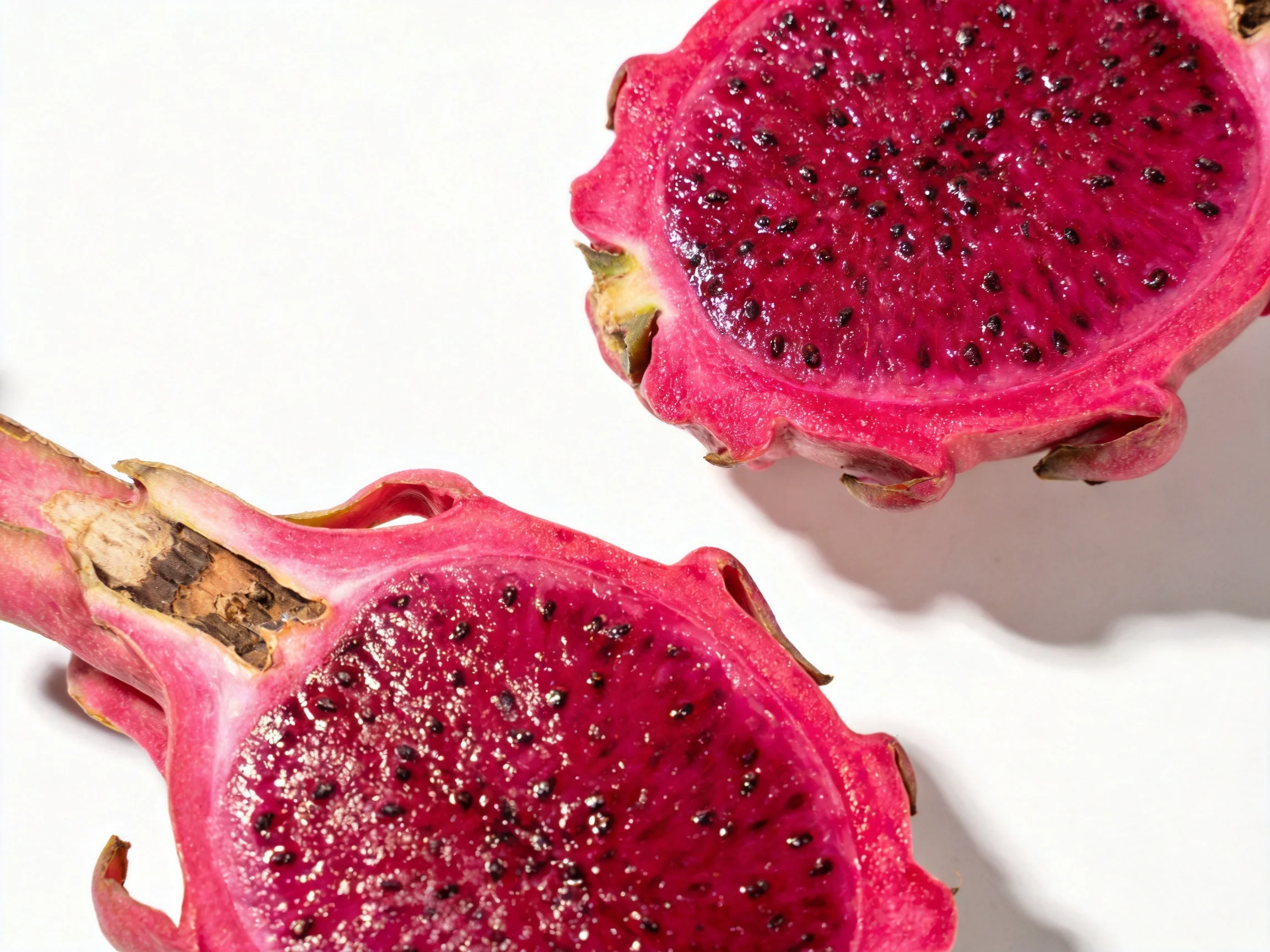Two sliced pink dragon fruits with glossy interiors
