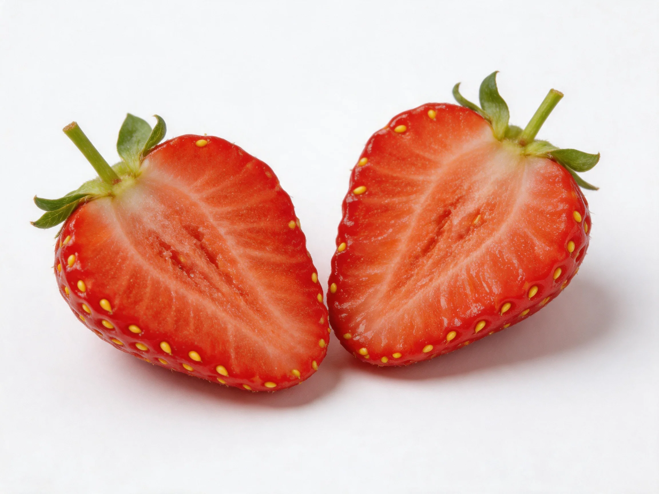 Two sliced strawberries with vibrant red interiors and green stems