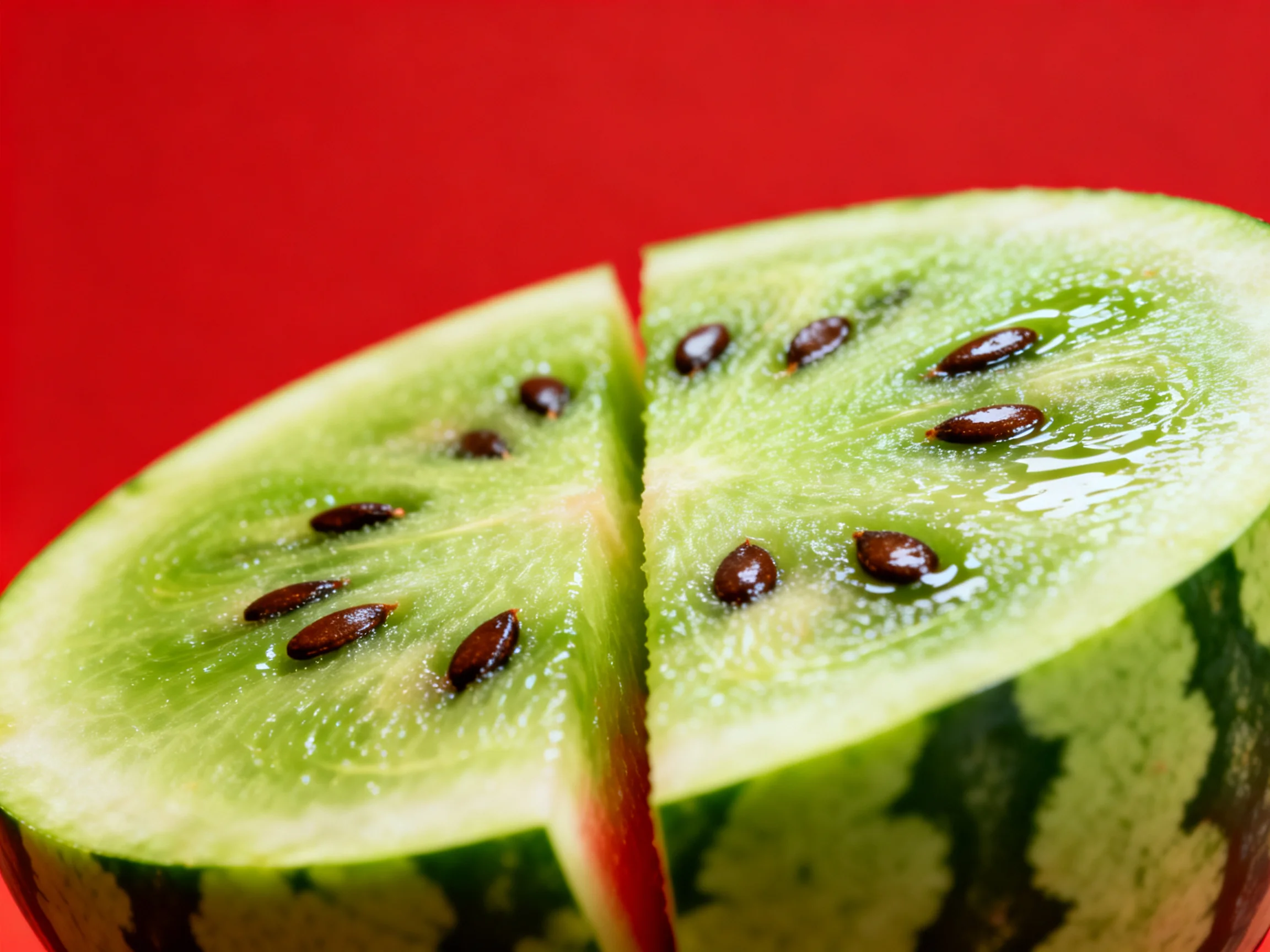 Two sliced watermelon sections with dark seeds against a red background
