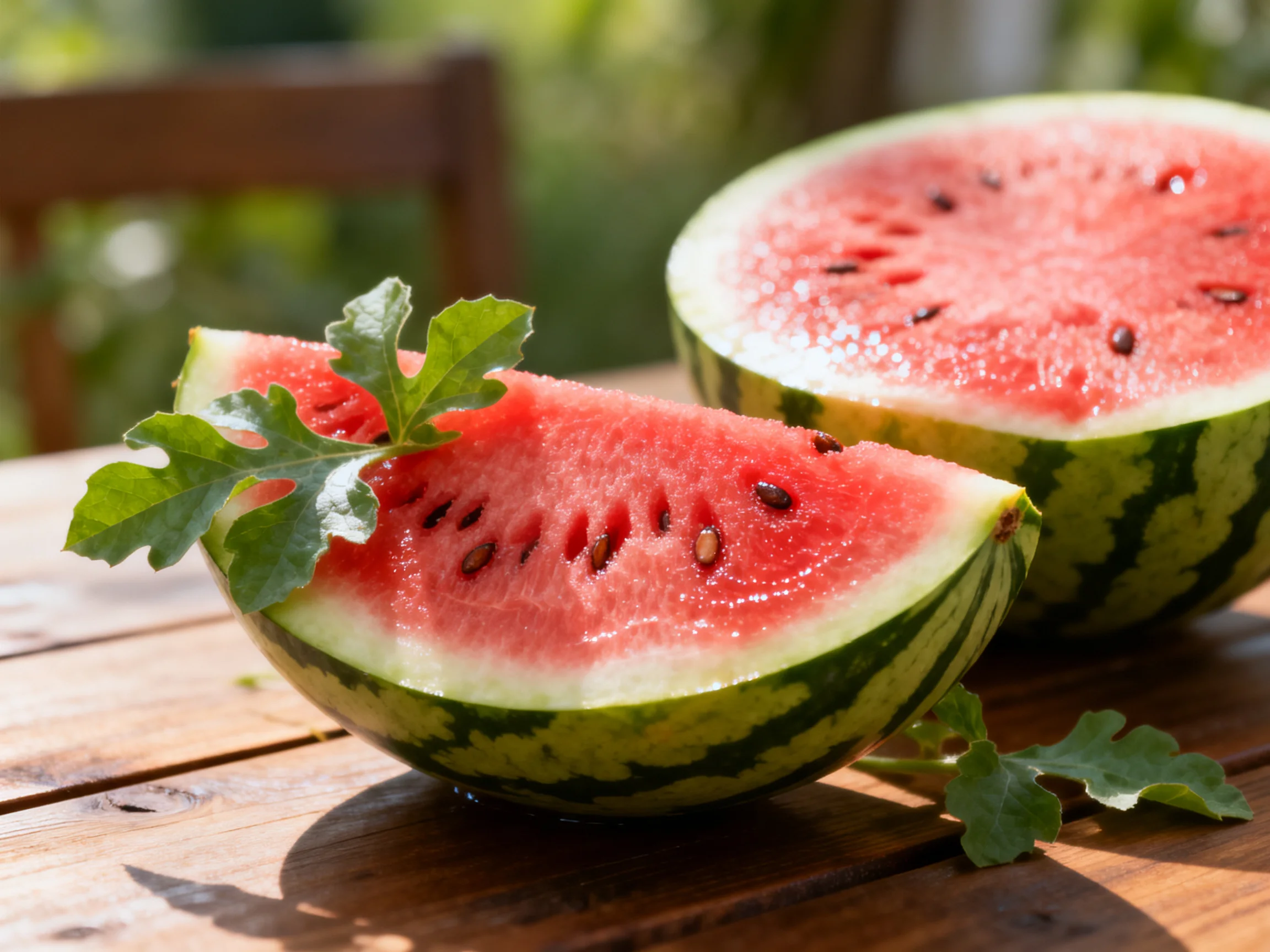 Two sliced watermelons with vibrant red flesh on a wooden table
