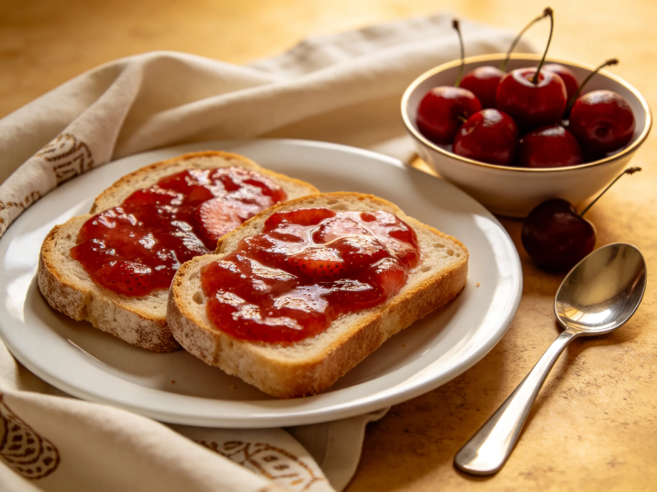 Two slices of toasted bread with strawberry jam beside a bowl of cherries