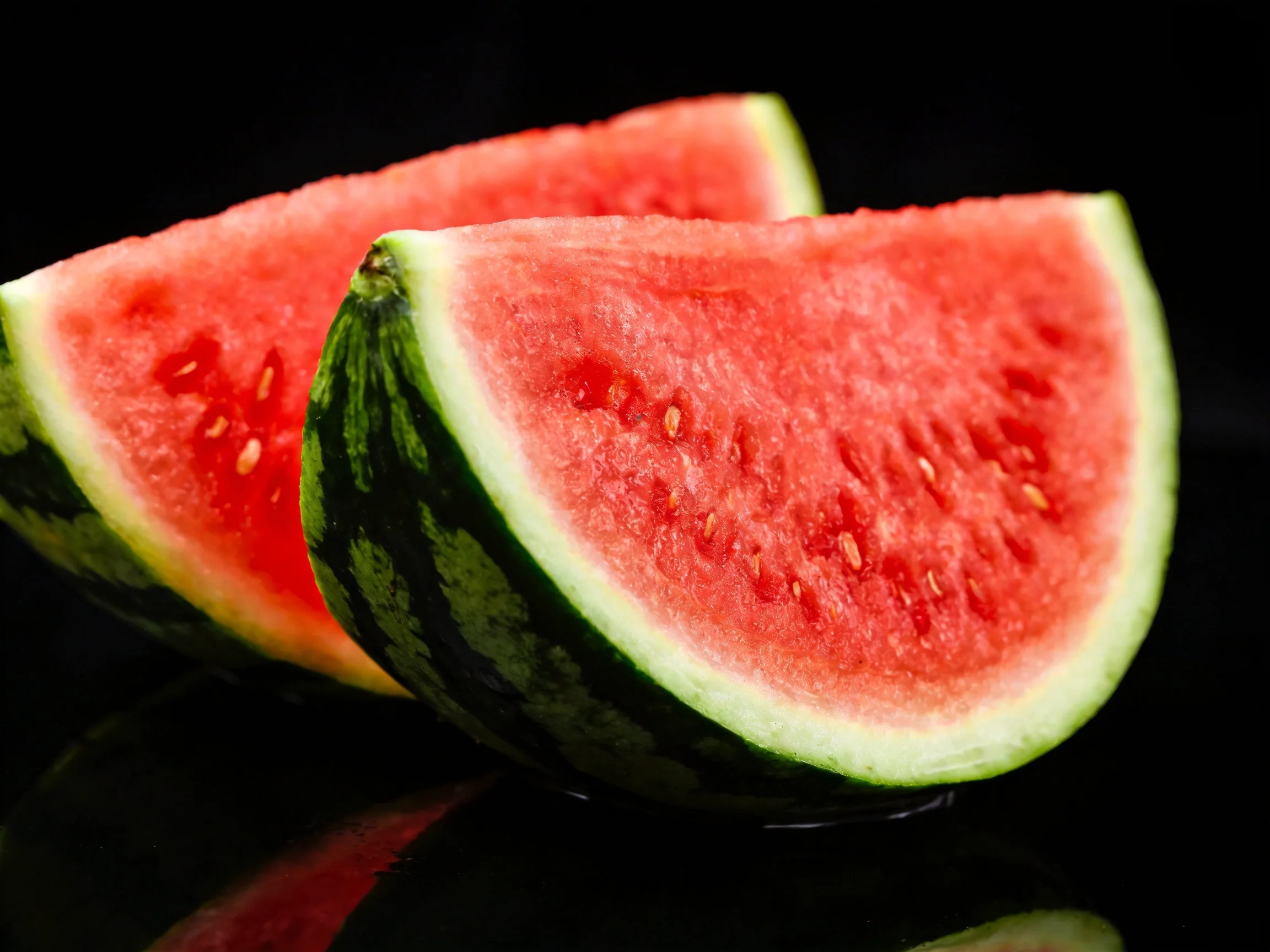 Two slices of watermelon with vibrant red flesh and green rind against a black background