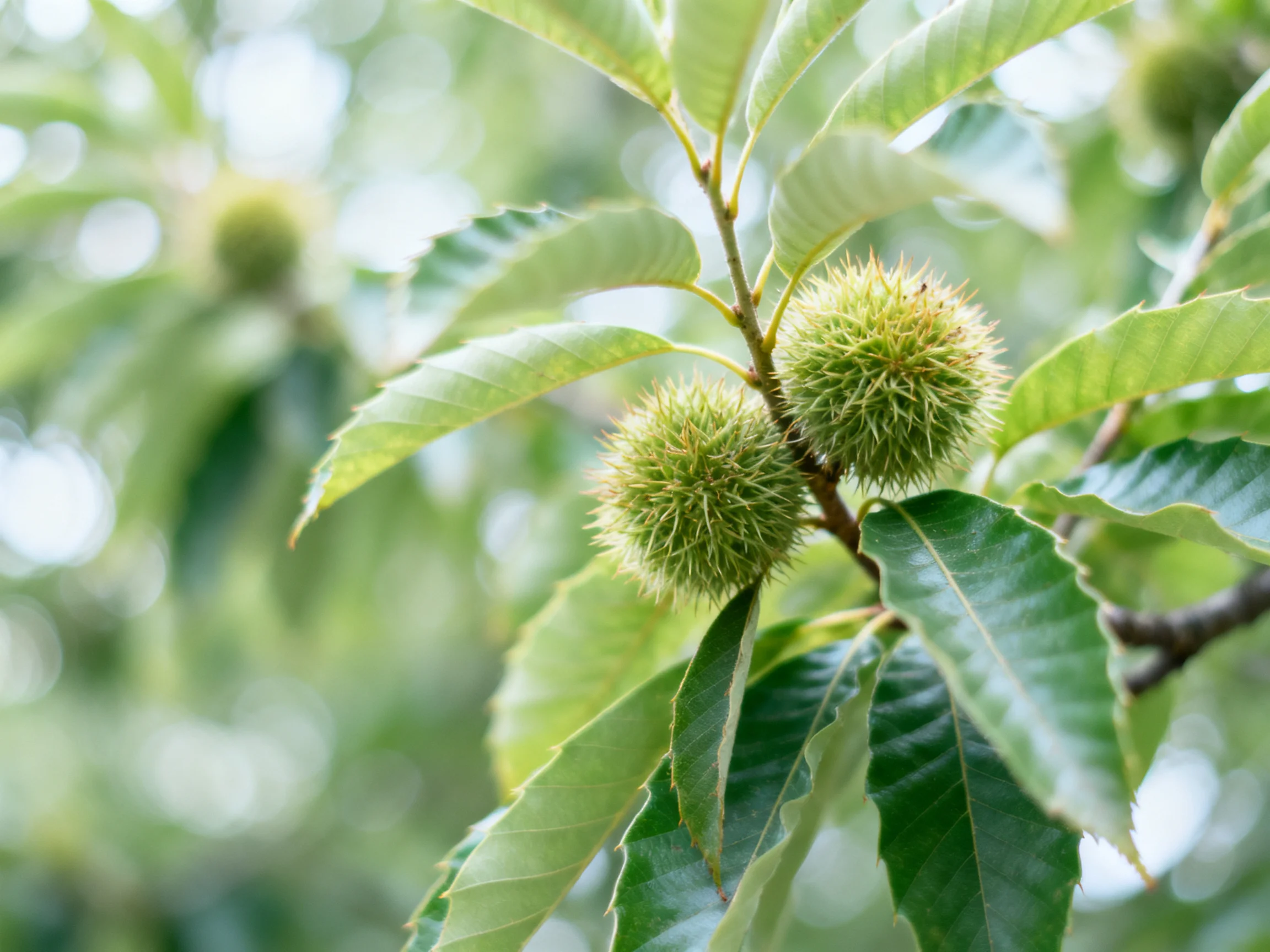 Two spiky green chestnuts on a leafy branch
