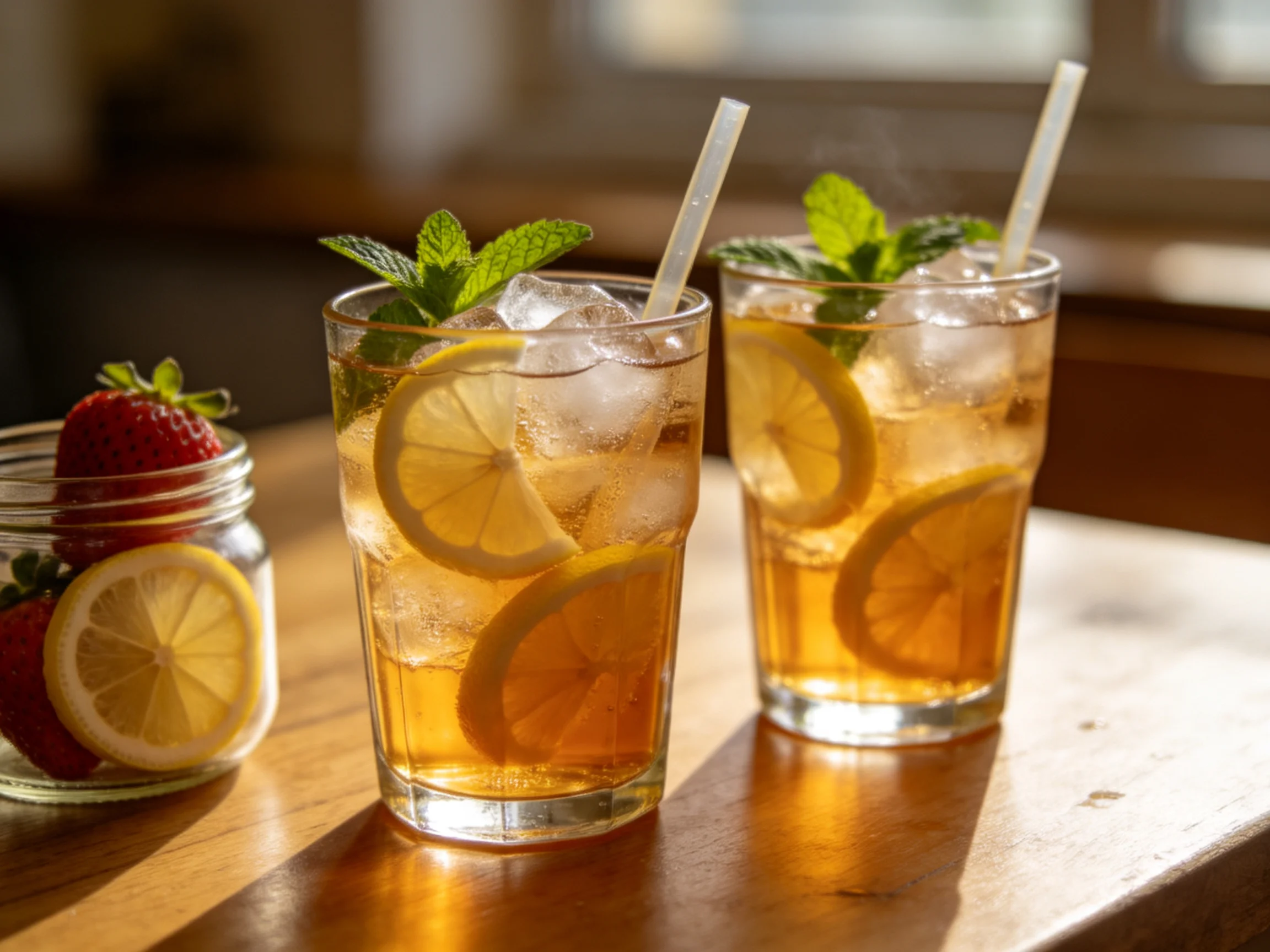 Two tall glasses of iced tea with lemon slices and mint, beside a strawberry jar
