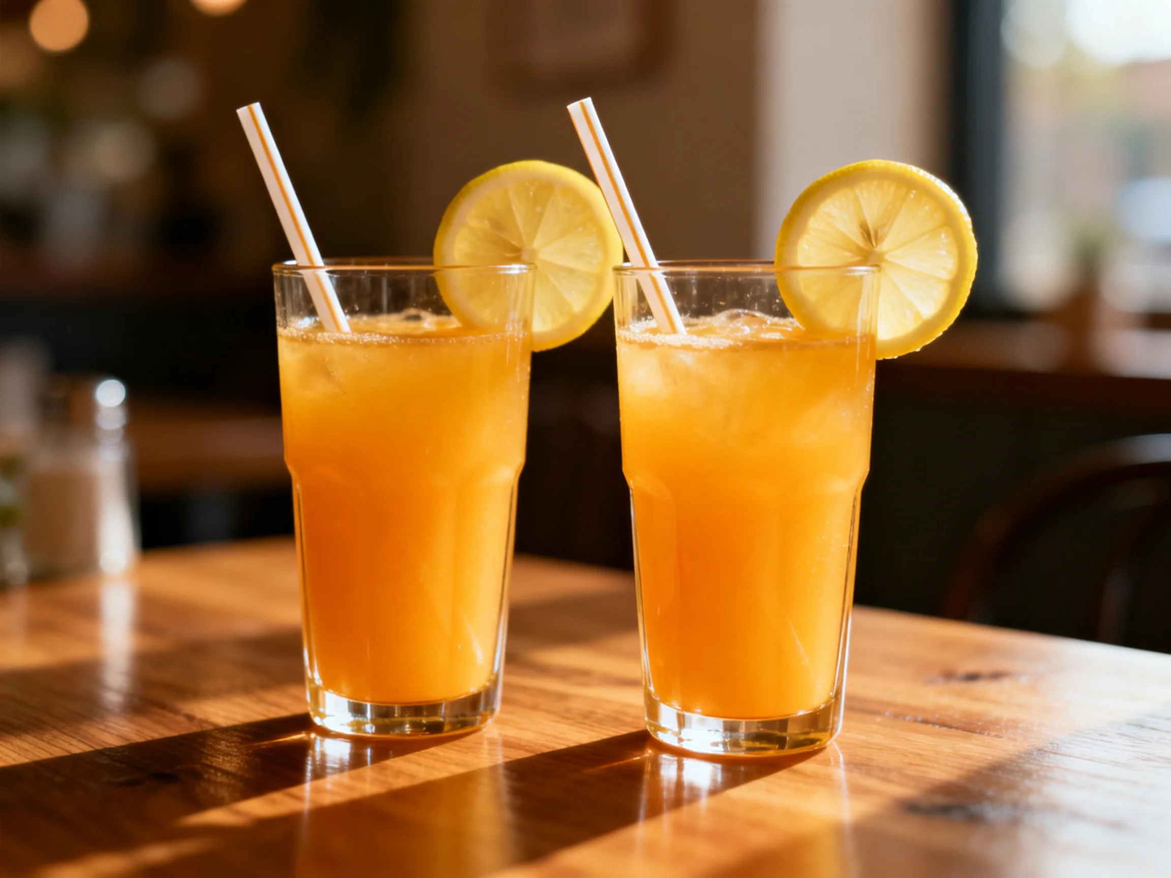 Two tall glasses of orange iced tea with lemon garnishes
