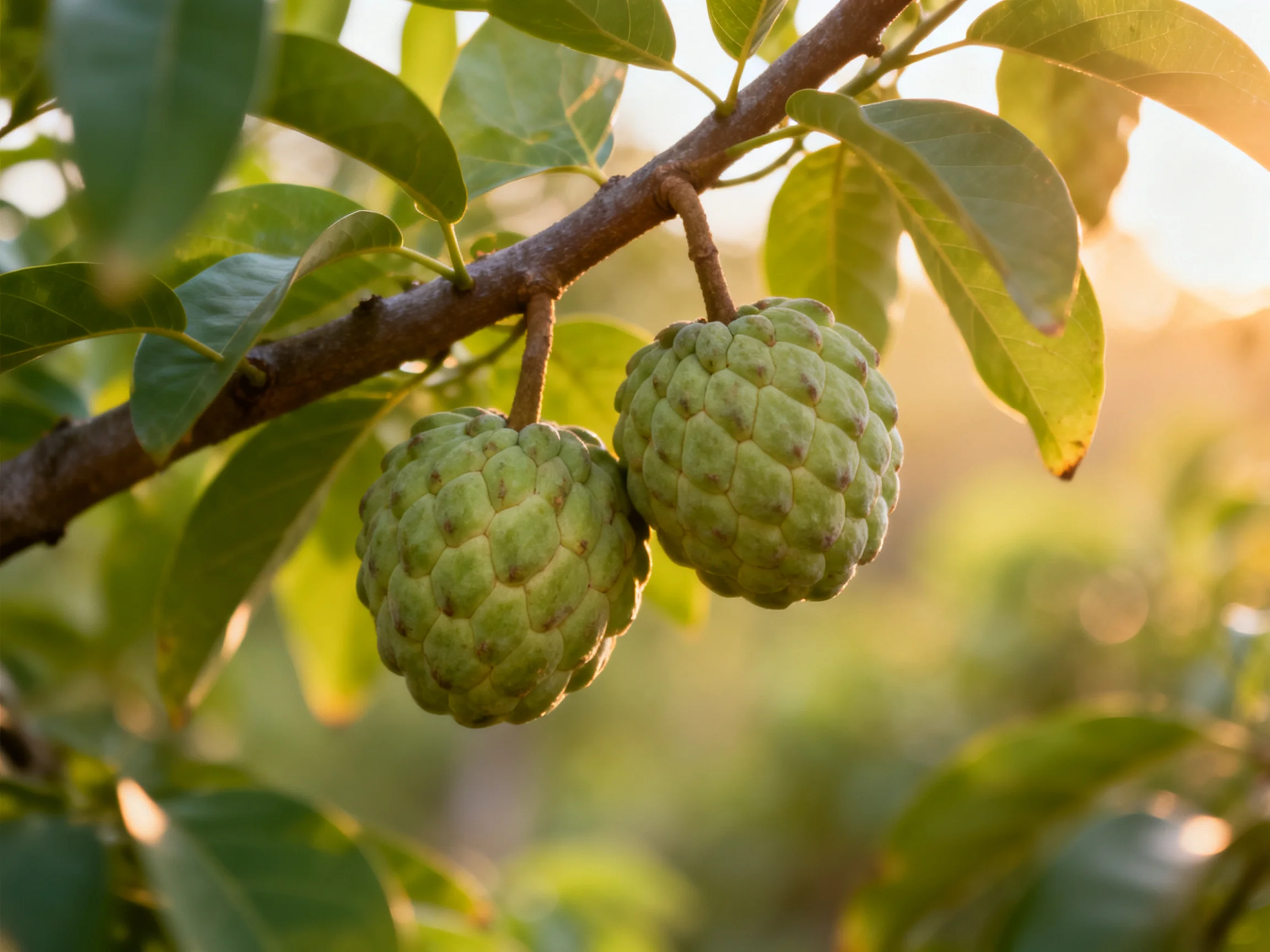 Two textured green custard apples hang from a tree branch amid foliage.