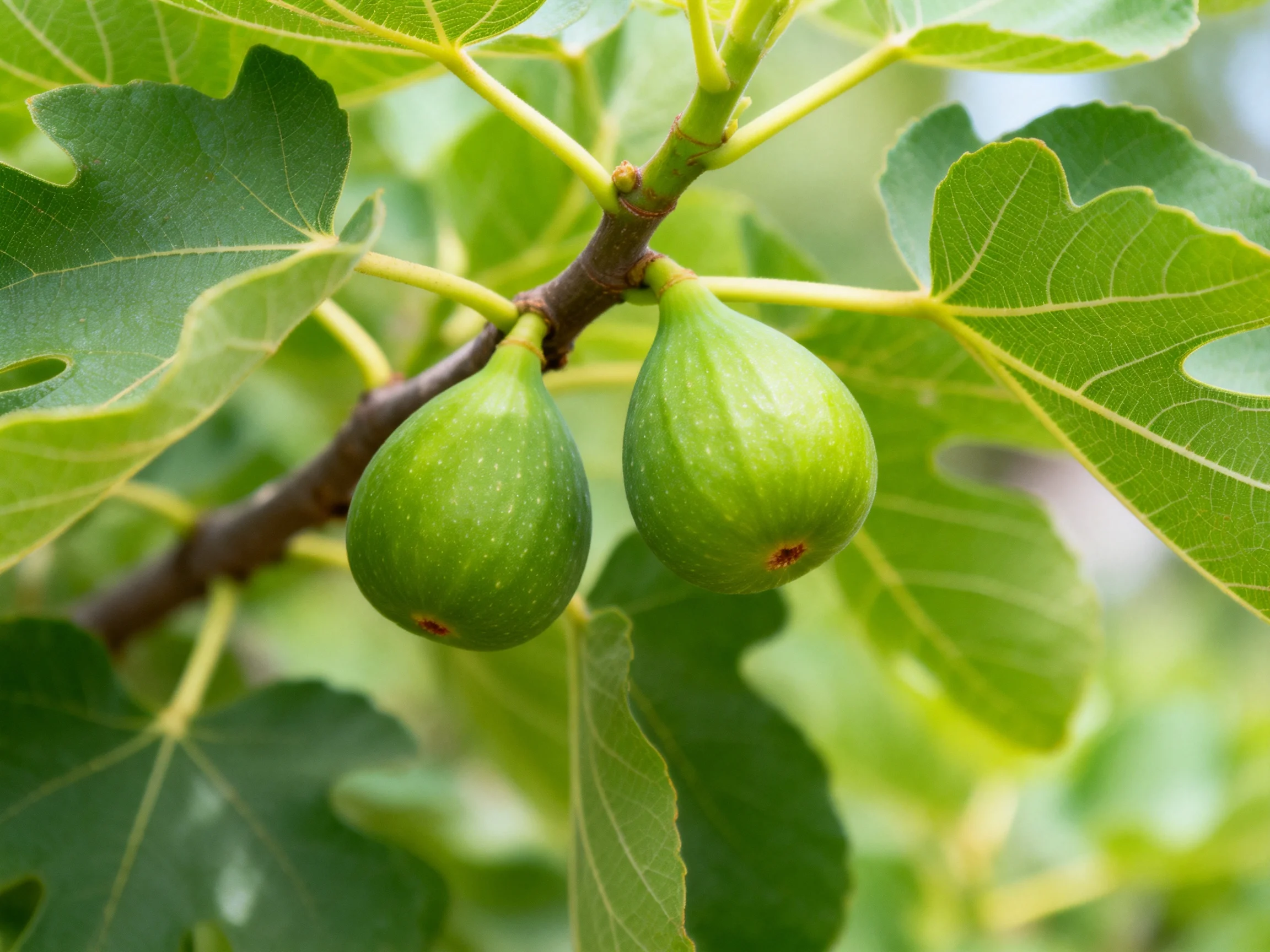 Two unripe green figs hang from a fig tree branch with broad green leaves