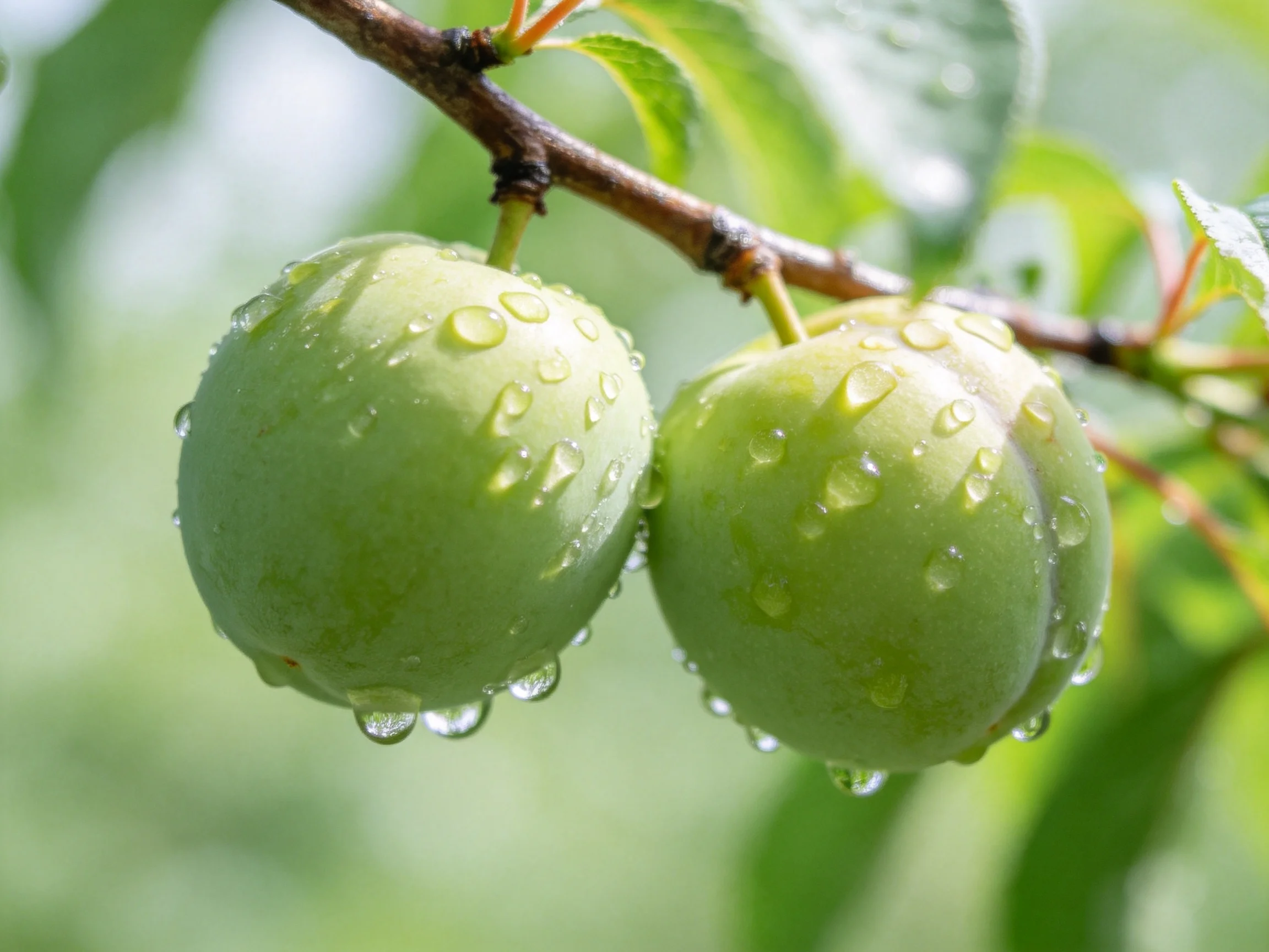 Two unripe green fruits with water droplets on a tree branch