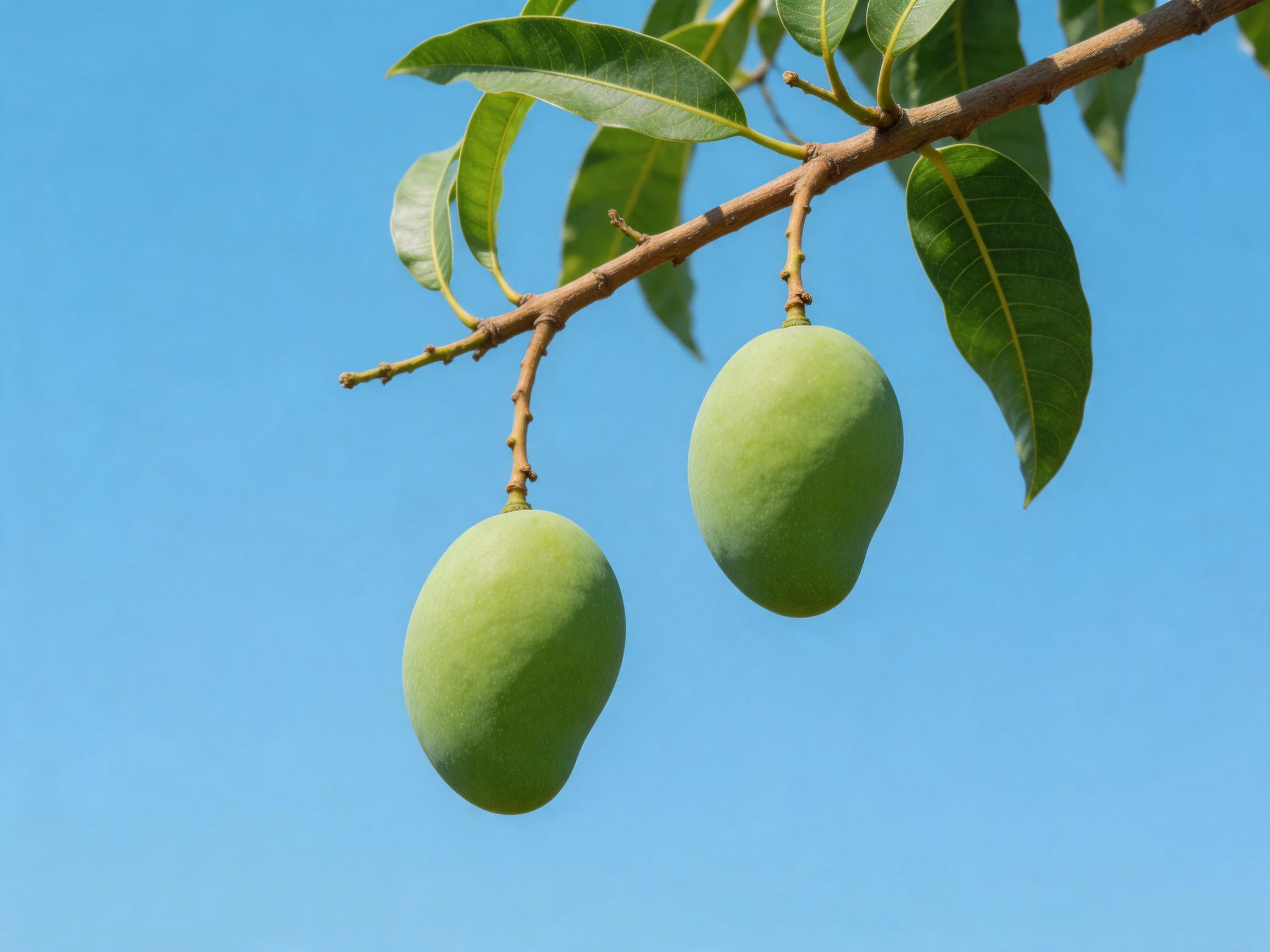 Two unripe green mangoes hang from a branch with broad leaves under a clear blue sky